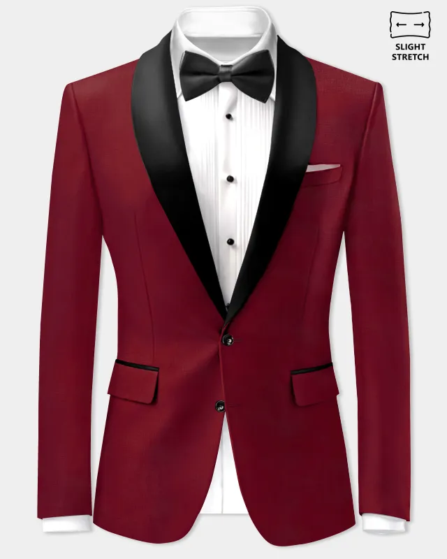 CrimsonAce-Cherry Red Solid Wool Rich Tuxedo Slight Stretch Blazer made by French Crown