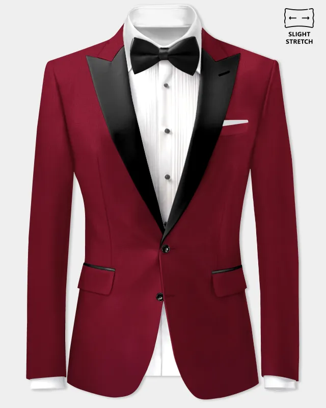 CrimsonAce-Cherry Red Solid Wool Rich Peak Lapel Tuxedo Slight Stretch Blazer made by French Crown