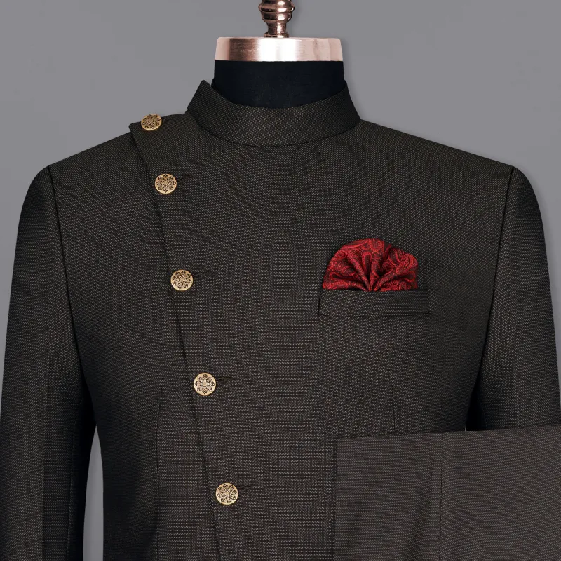 Dark Brown Cross Placket Wool Rich Bandhgala Suit sold by French Crown