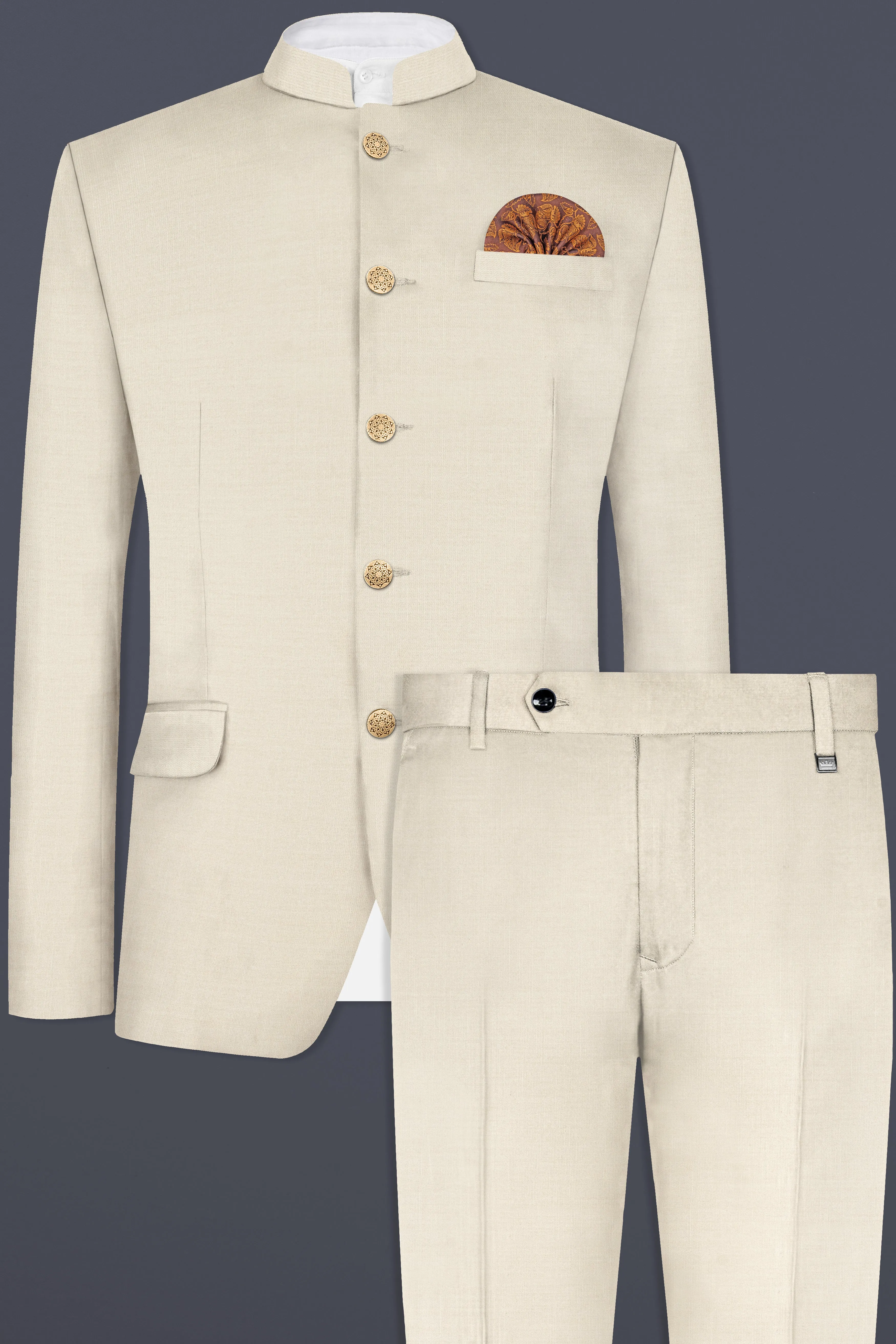 Moon Mist Cream Solid Wool Blend Bandhgala Suit sold by French Crown product image thumbnail 2