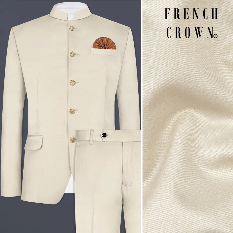 Moon Mist Cream Solid Wool Blend Bandhgala Suit made by French Crown