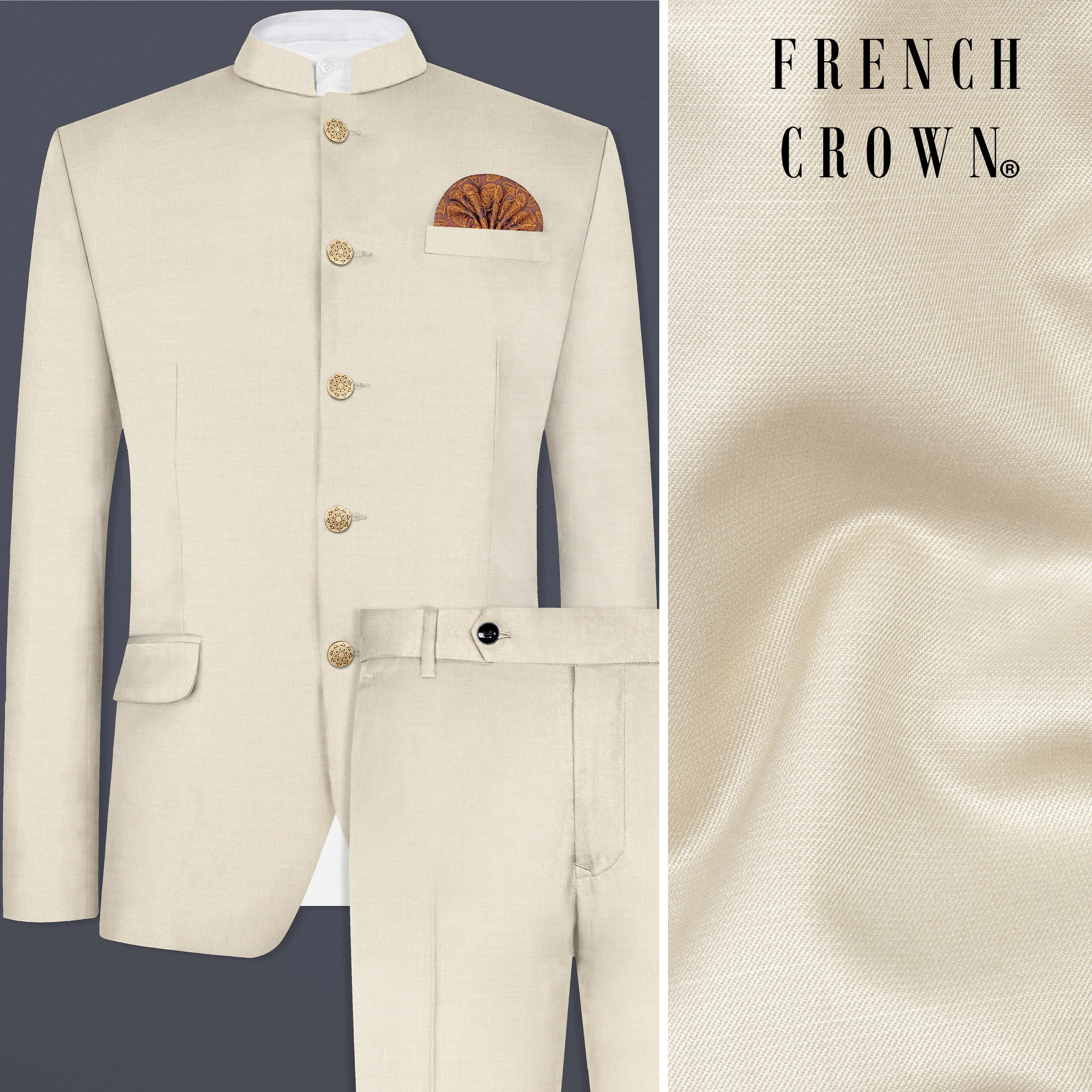 Moon Mist Cream Solid Wool Blend Bandhgala Suit sold by French Crown