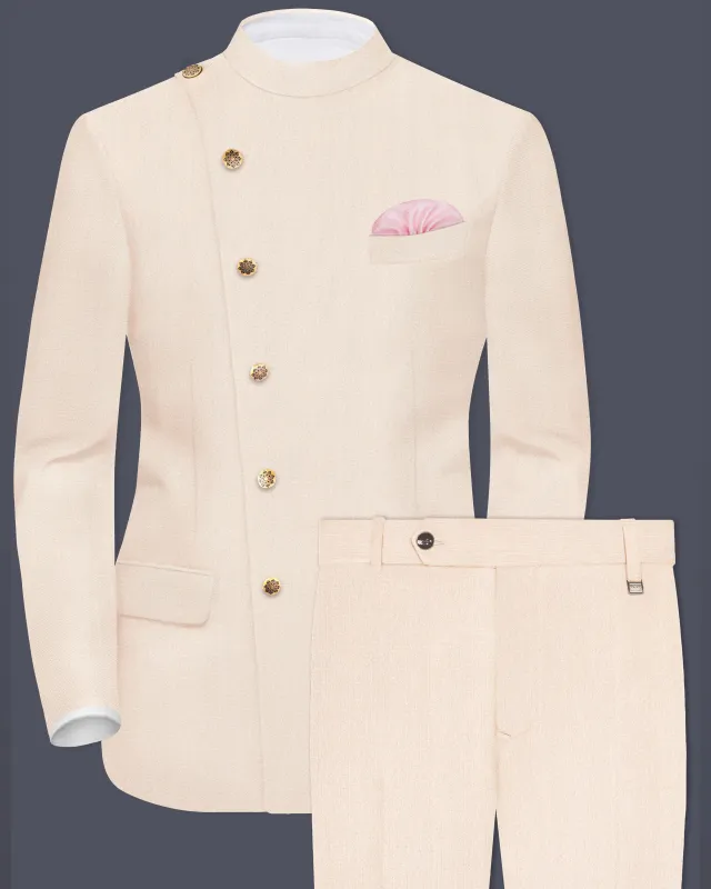 Spanish Cream Solid Wool Blend Cross Placket Bandhgala Suit sold by French Crown