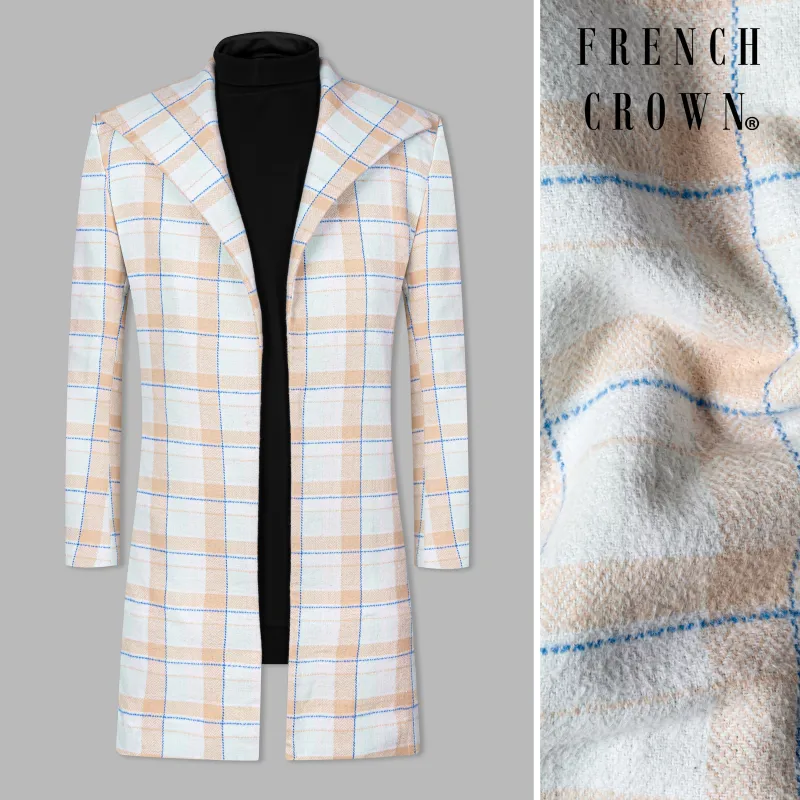 Bright White and Cashmere Peach Plaid Cotton Designer Overcoat made by French Crown