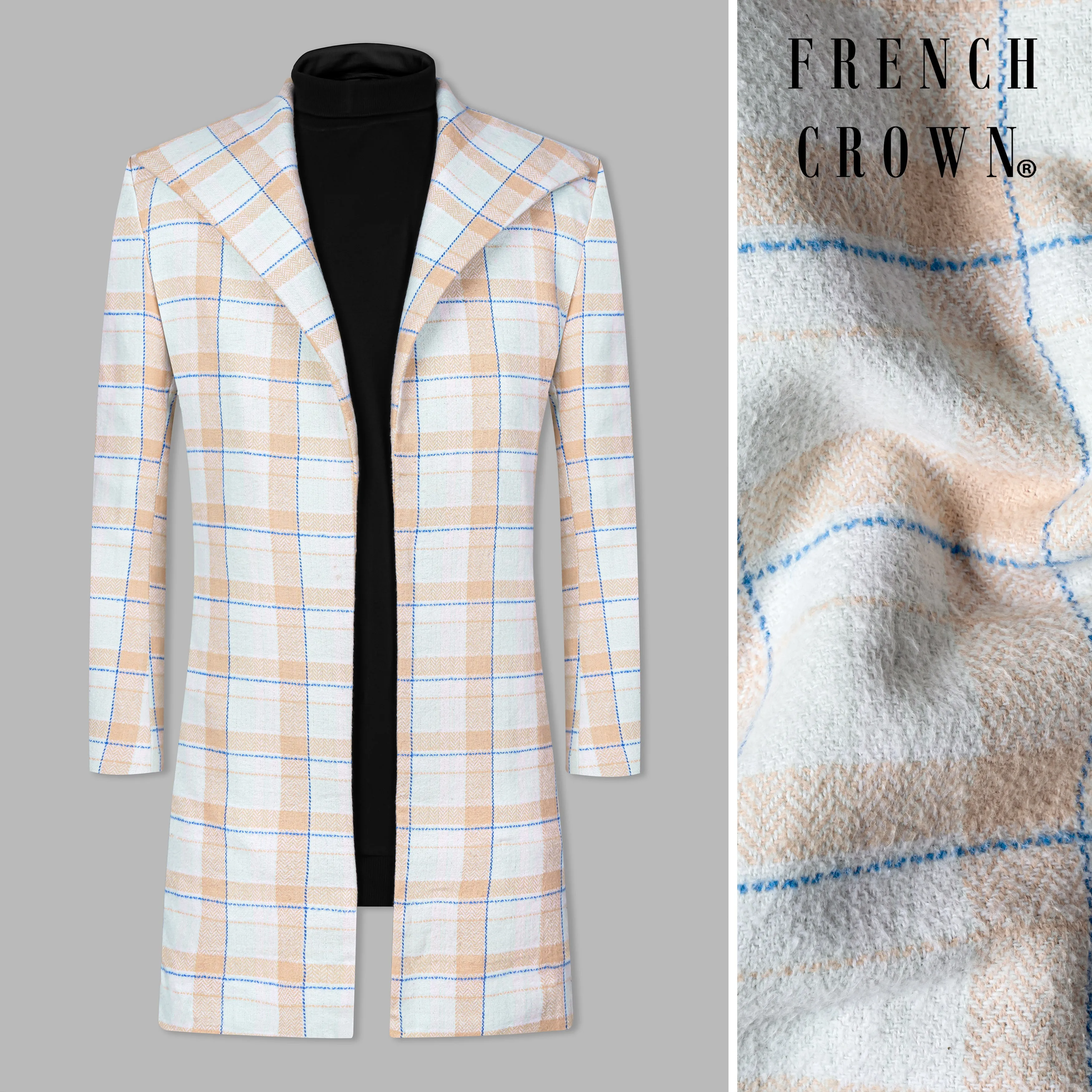 Bright White and Cashmere Peach Plaid Cotton Designer Overcoat sold by French Crown