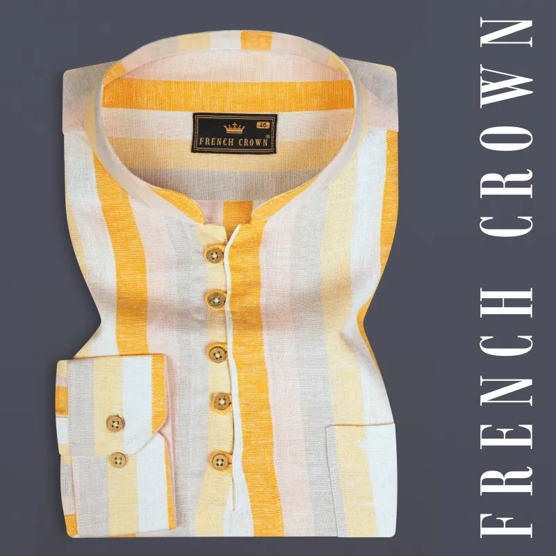Solitaire with Golden Sand and Mischka Gray Vertical Striped Luxurious Linen Kurta Shirt sold by French Crown