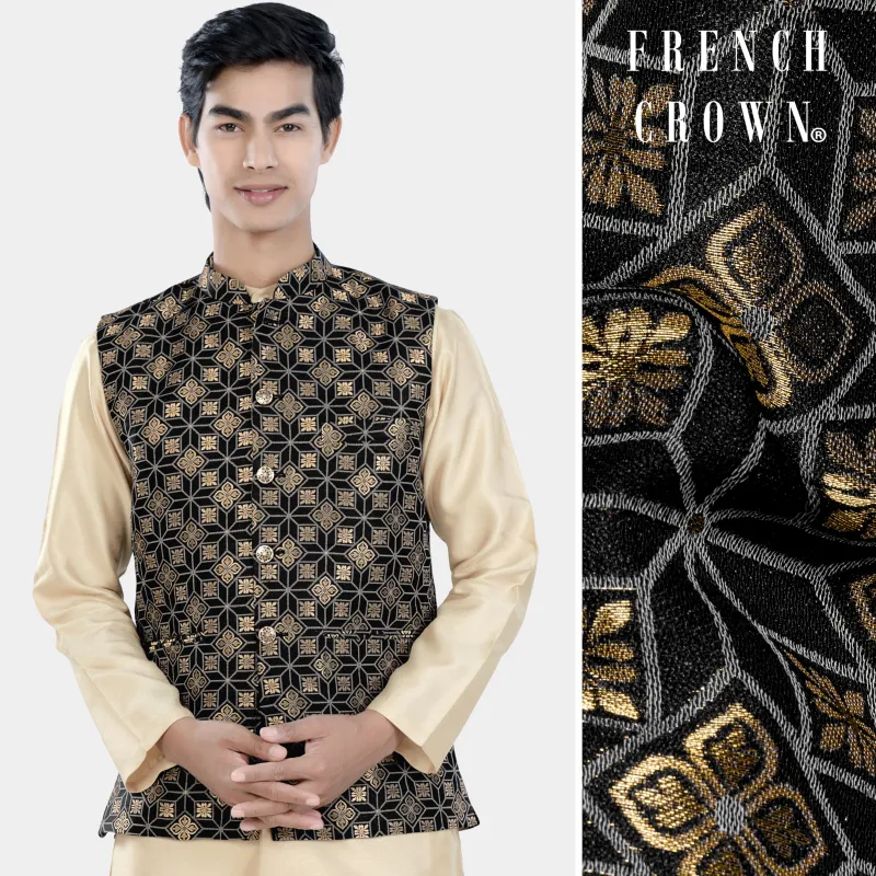 Cinder Black and Tan Brown Geometric Jacquard Textured Designer Nehru Jacket sold by French Crown