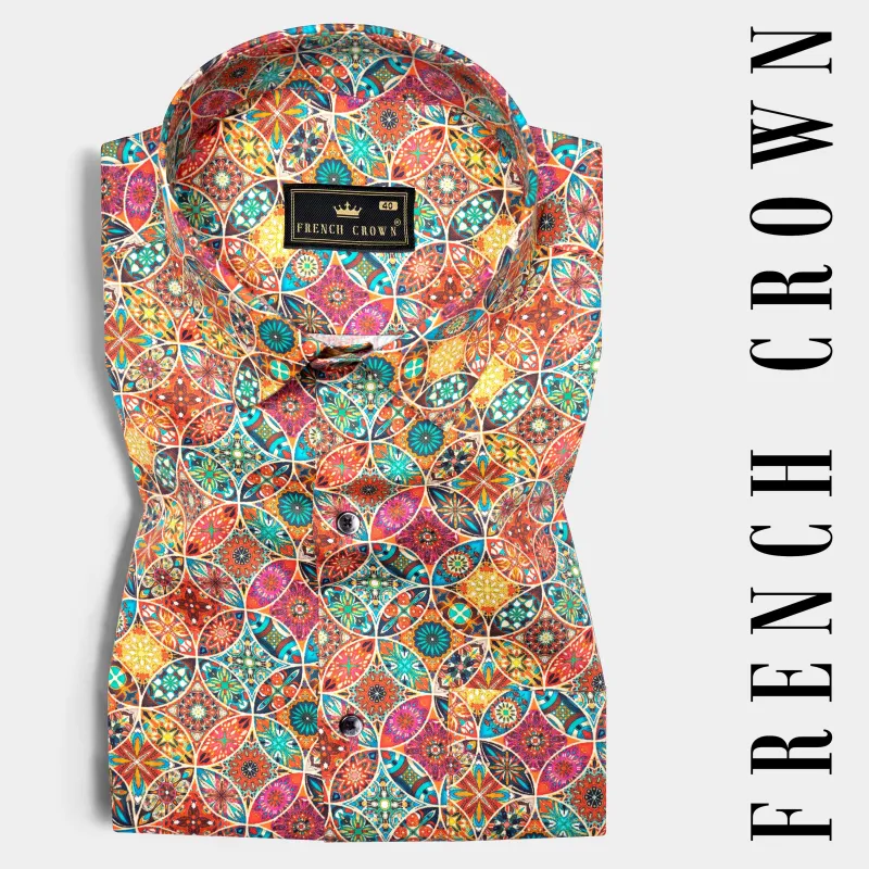 Coral Orange Multicolor Circles Printed Super Soft Premium Cotton Shirt sold by French Crown