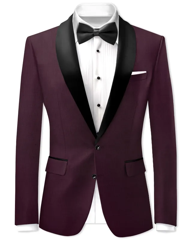 Merlot-Bistre Wine Maroon Wool Rich Tuxedo Slight Stretch Blazer sold by French Crown