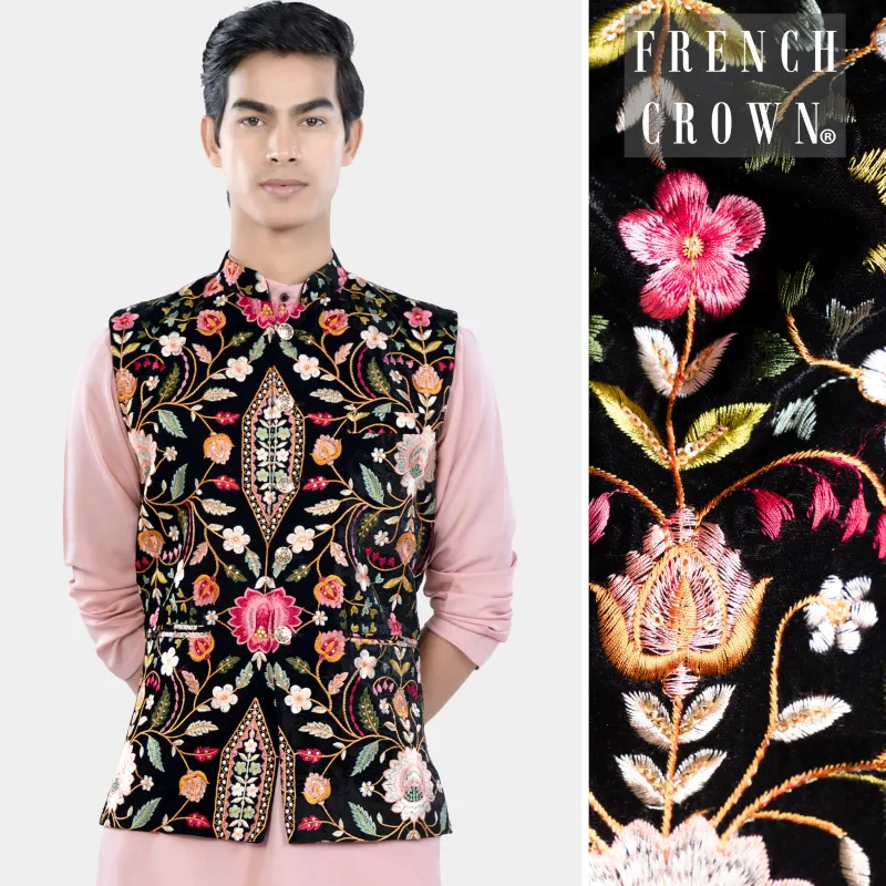 Jade Black and Carmine Pink Multicolour Floral Thread Embroidered Designer Nehru Jacket sold by French Crown