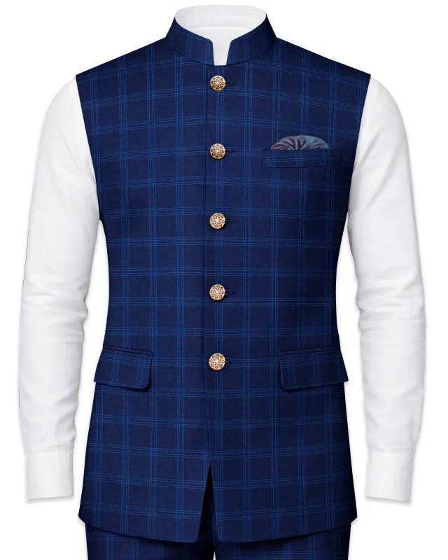 Baltic Sea Blue Windowpane Bandhgala Nehru Jacket sold by French Crown