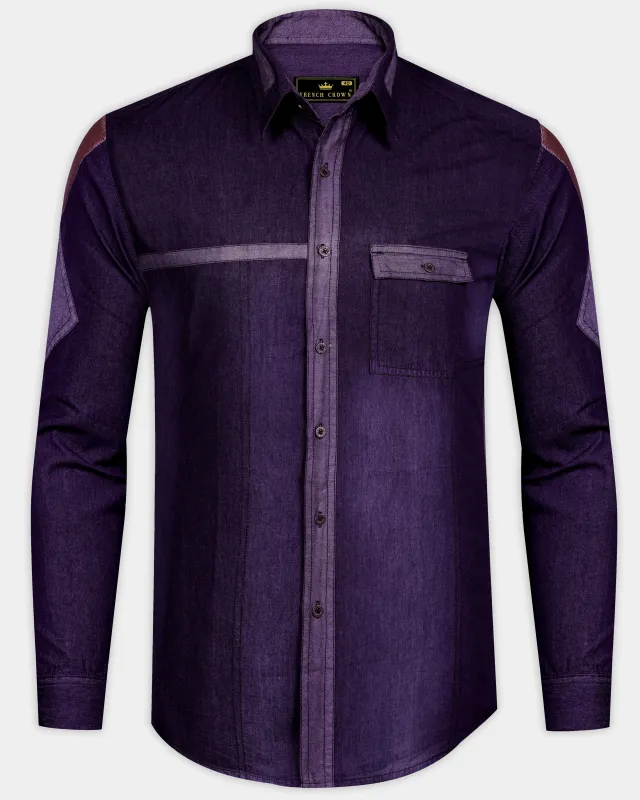 Thunder Purple Chambray Denim Designer Shirt with Brown Patchwork sold by French Crown