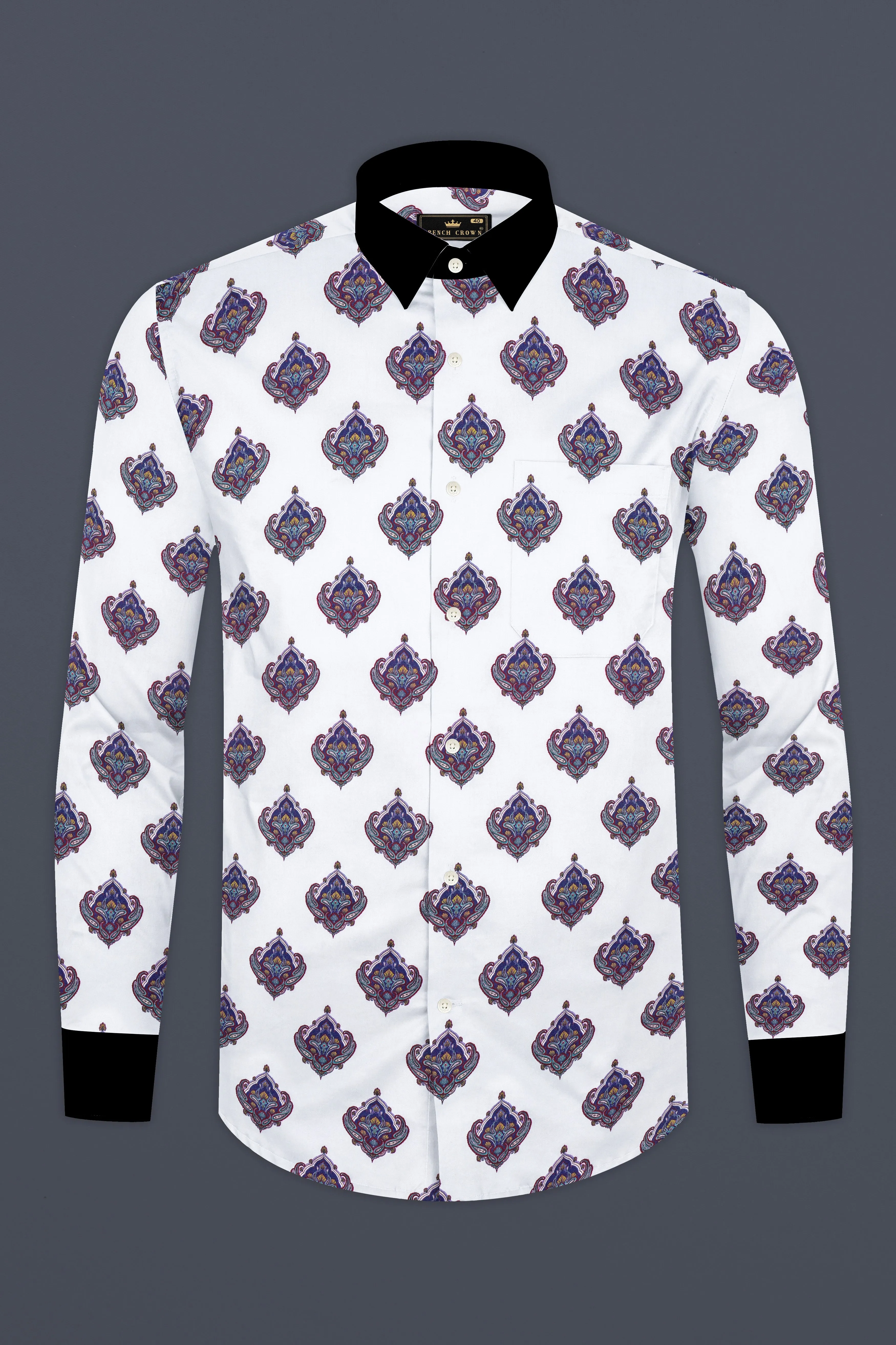 Bright White And Baltic Purple Printed Subtle Sheen Super Soft Premium Cotton Shirt sold by French Crown product image thumbnail 5