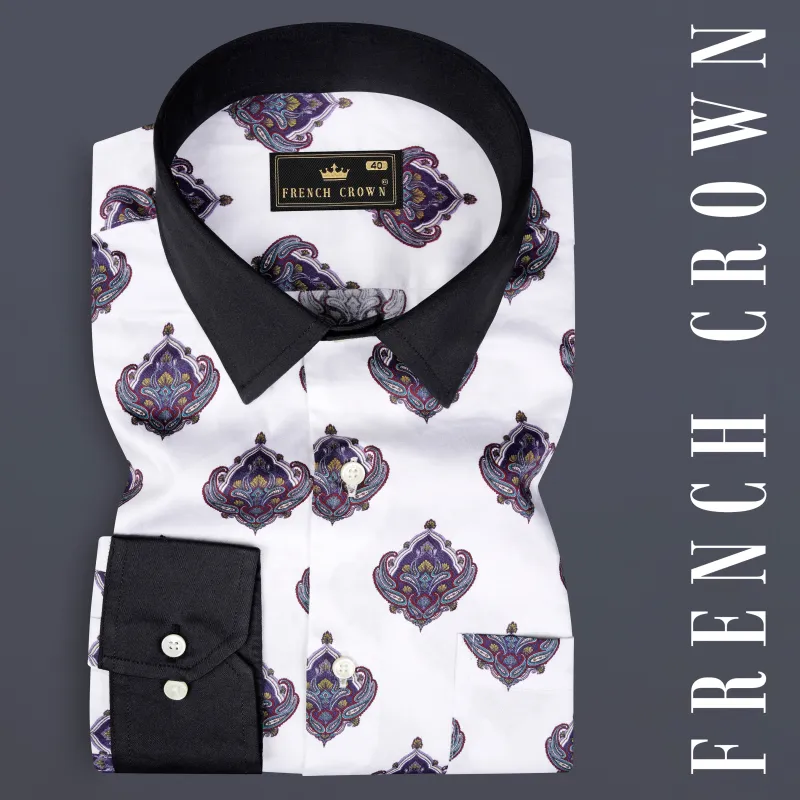 Bright White And Baltic Purple Printed Subtle Sheen Super Soft Premium Cotton Shirt made by French Crown