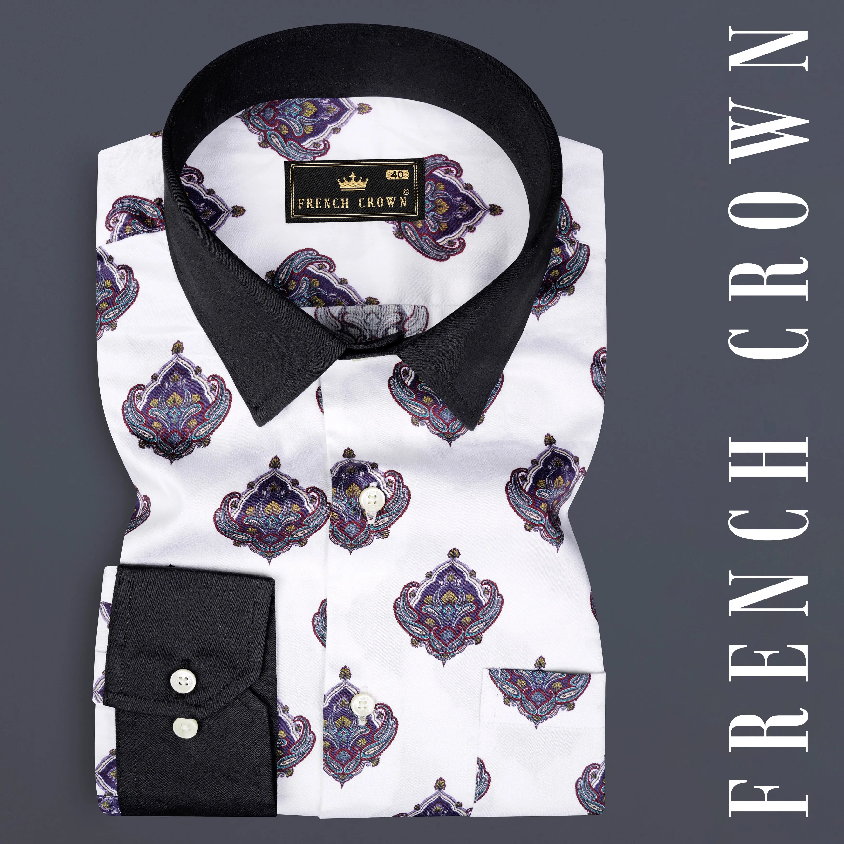 Bright White And Baltic Purple Printed Subtle Sheen Super Soft Premium Cotton Shirt sold by French Crown