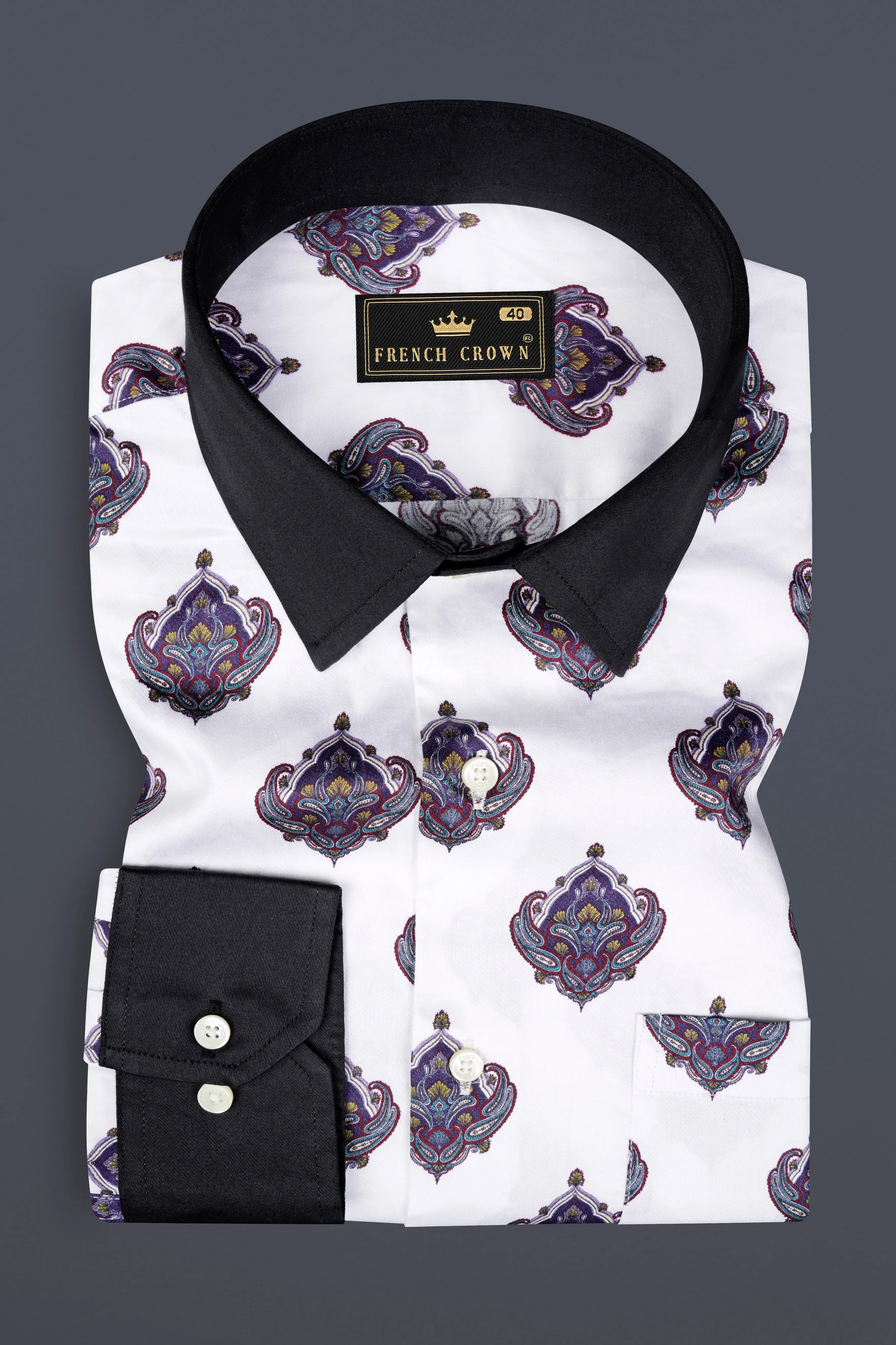 Bright White And Baltic Purple Printed Subtle Sheen Super Soft Premium Cotton Shirt sold by French Crown product image thumbnail 2