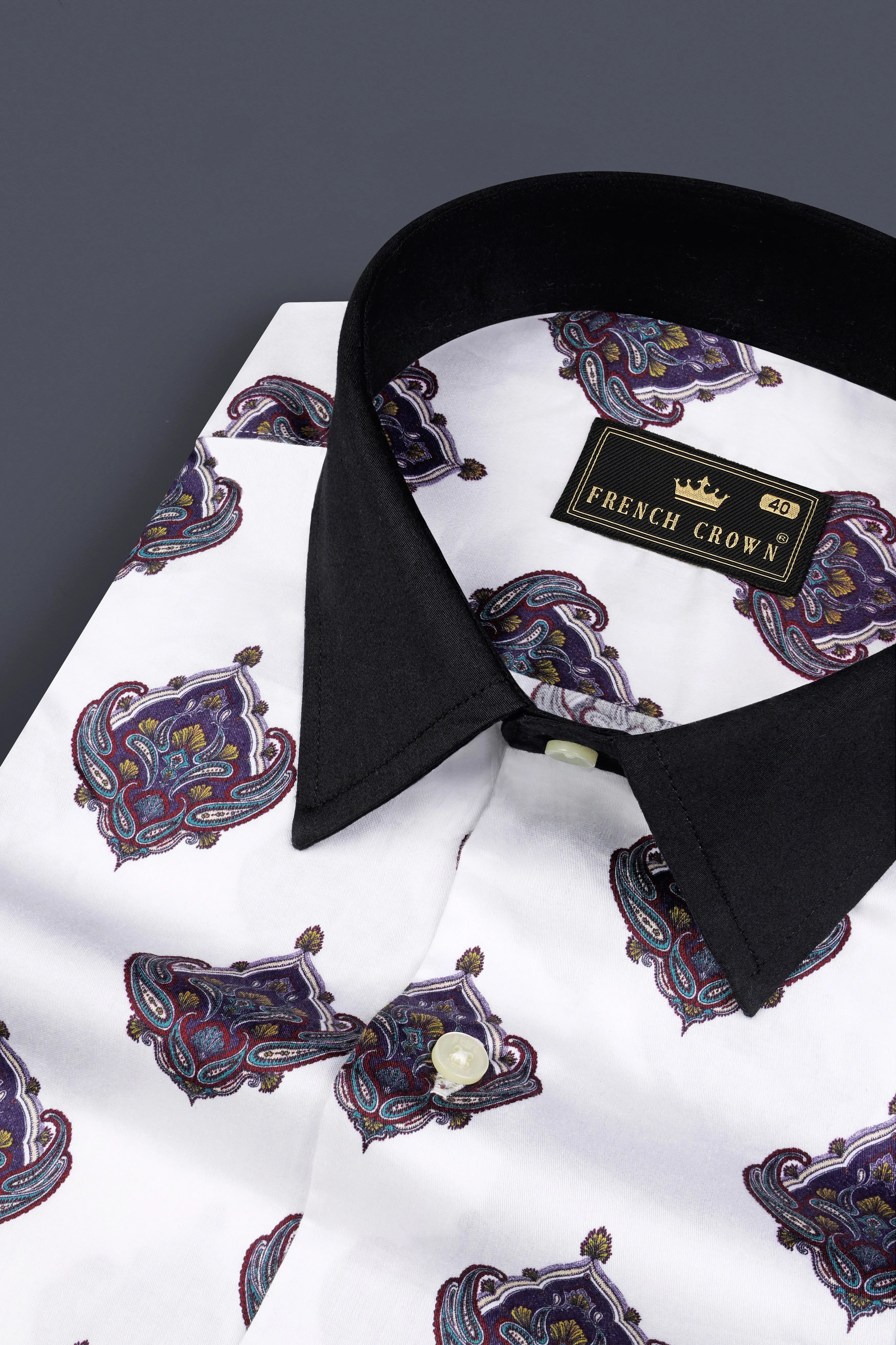 Bright White And Baltic Purple Printed Subtle Sheen Super Soft Premium Cotton Shirt sold by French Crown product image thumbnail 4