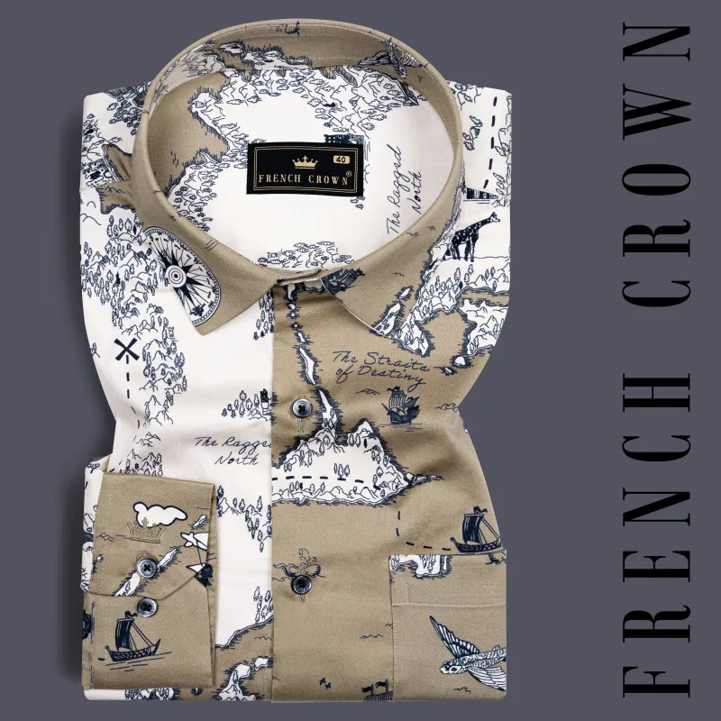 Makara Brown and Pastel Beige Map Printed Subtle Sheen Super Soft Premium Cotton Designer Shirt sold by French Crown