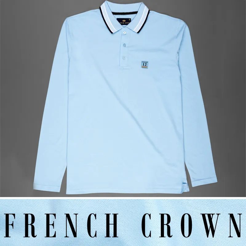 Pale Cerulean Blue Full sleeve Premium Cotton Mercerised Pique Polo sold by French Crown