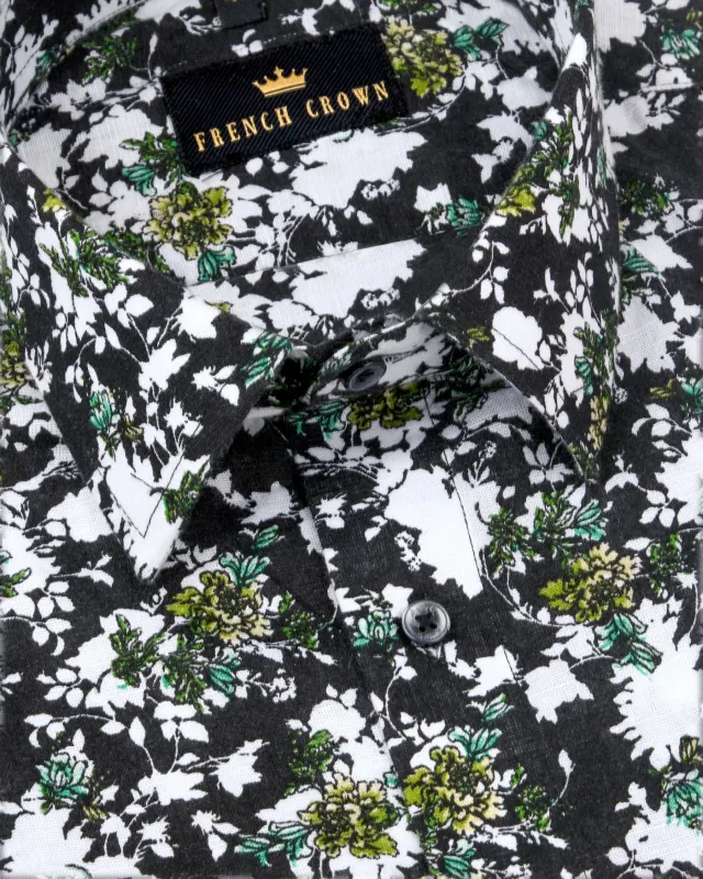 Jade Black with Green and white Leaves Printed Luxurious Linen Shirt sold by French Crown