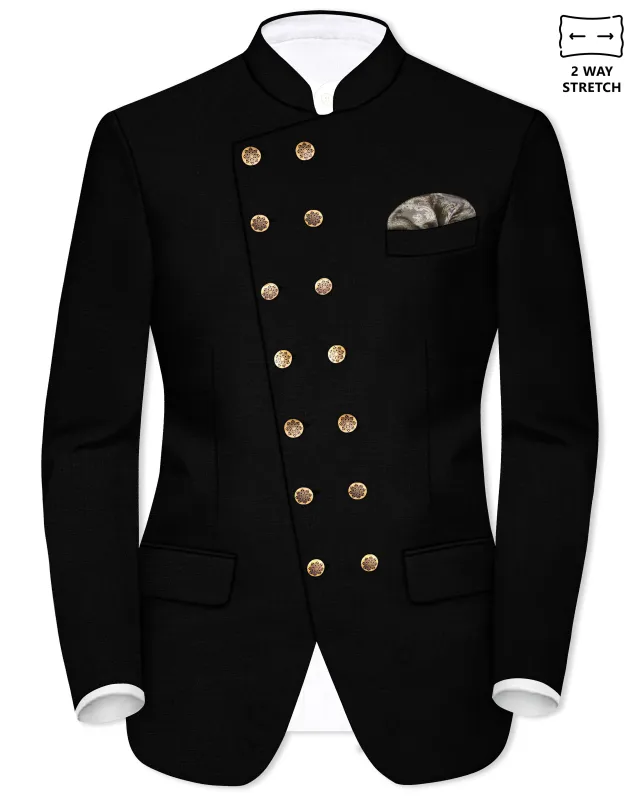 Jade Black Stretchable Subtle Sheen Cross Placket Doble Closure Bandhgala/Mandarin Blazer sold by French Crown