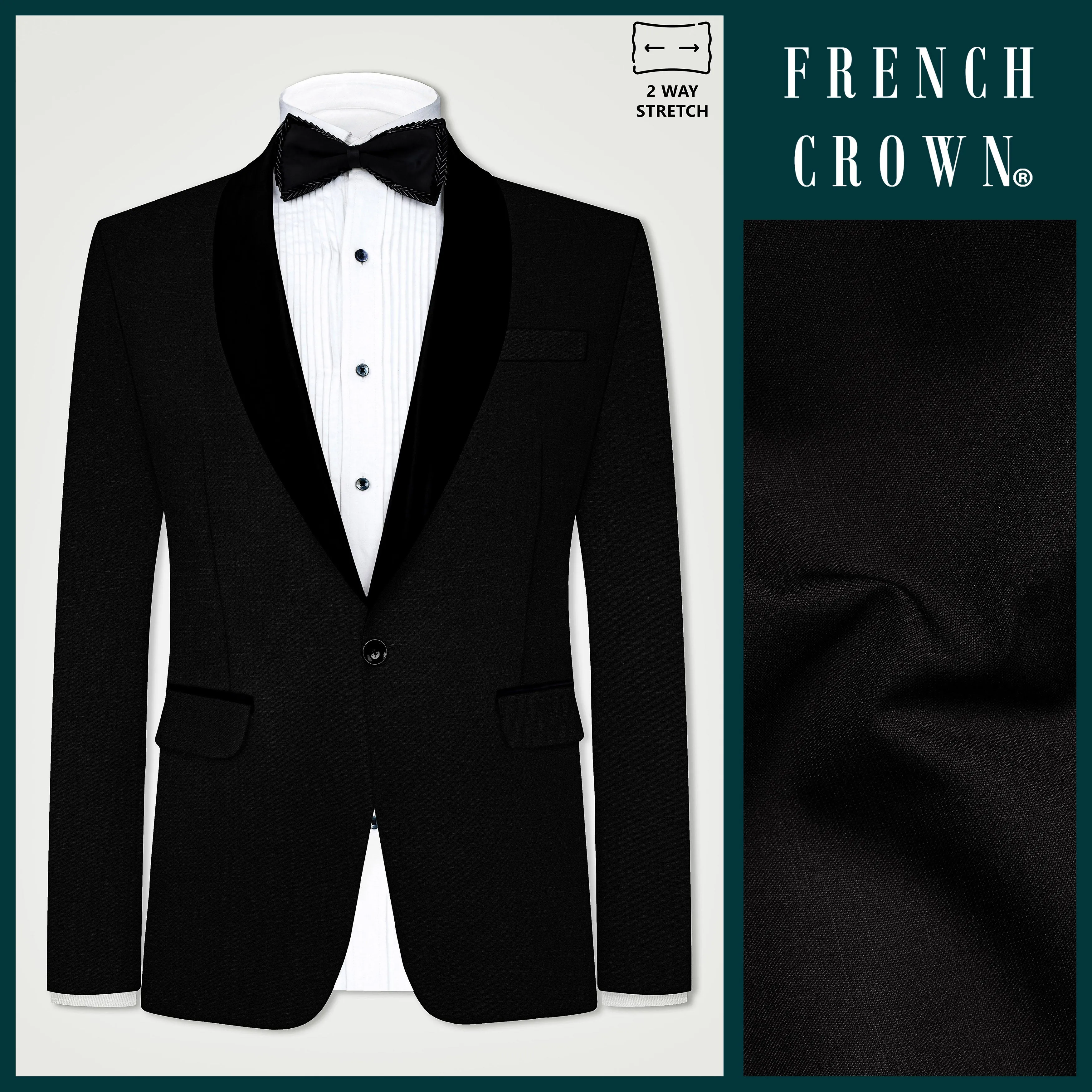 Jade Black Stretchable Subtle Sheen Tuxedo Blazer sold by French Crown