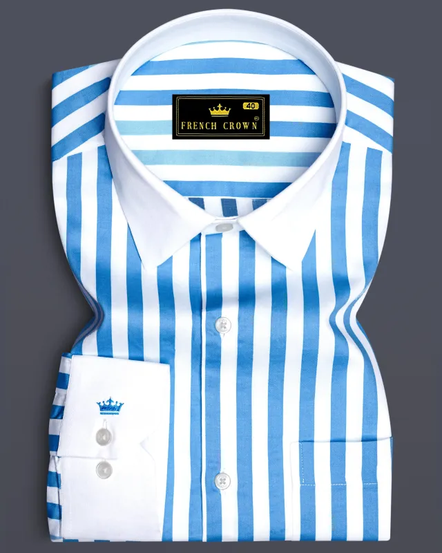 Aurecel-Celestial Blue And Bright White Awning Striped Super Soft Premium Cotton Dress White Cuff Collar Shirt sold by French Crown