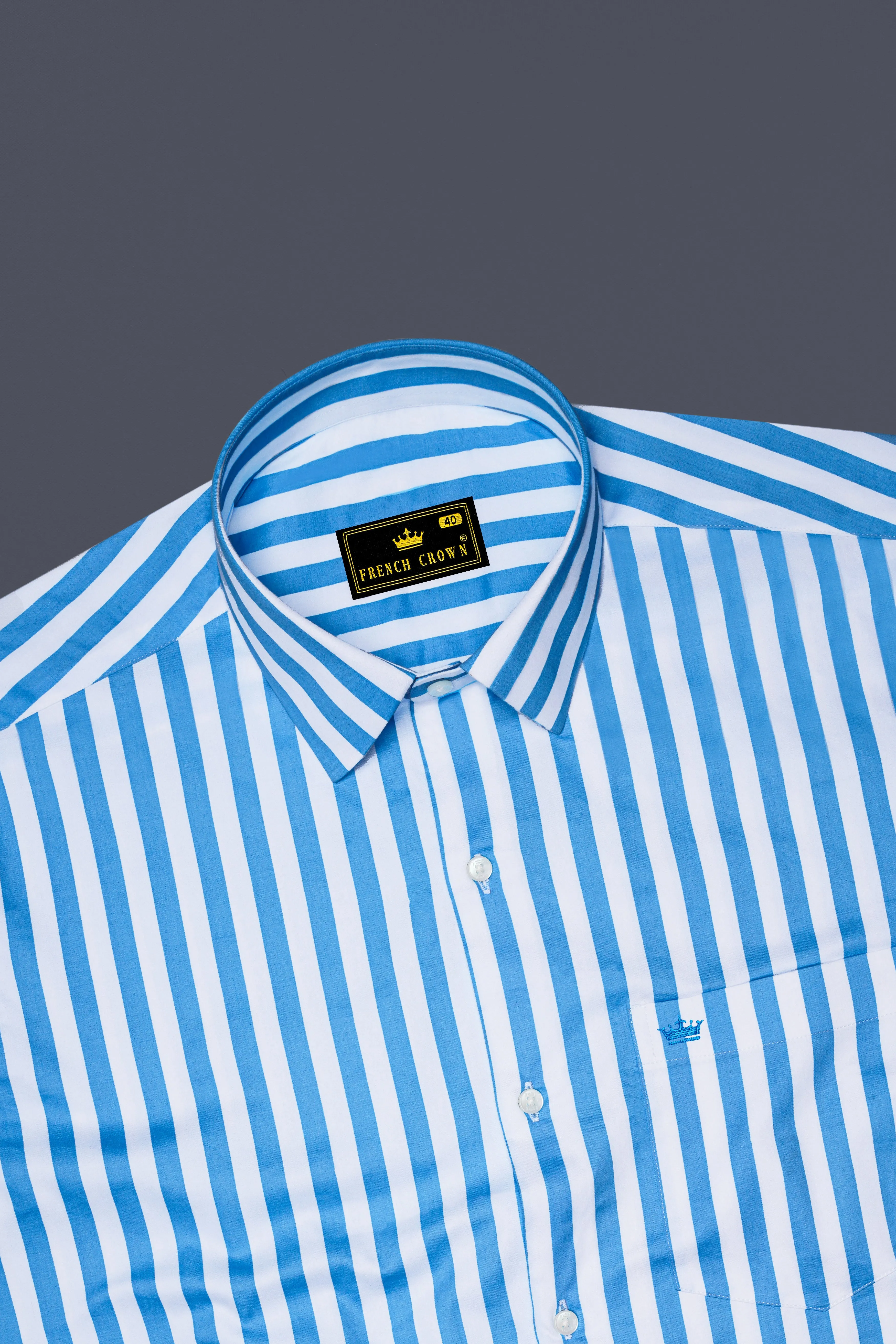 Aurecel-Celestial Blue And Bright White Awning Striped Subtle Sheen Super Soft Premium Cotton Dress Shirt sold by French Crown product image thumbnail 5