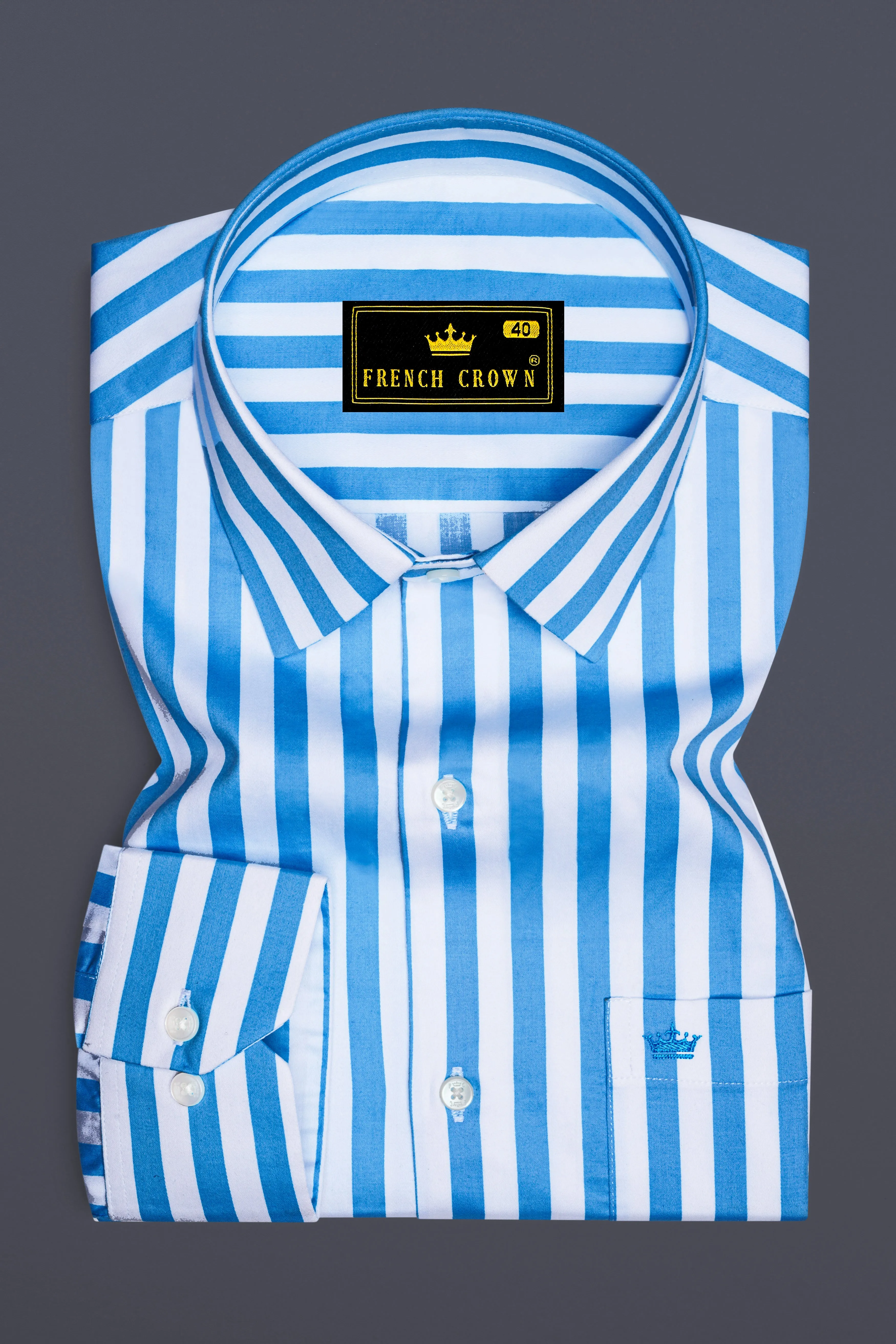 Aurecel-Celestial Blue And Bright White Awning Striped Subtle Sheen Super Soft Premium Cotton Dress Shirt sold by French Crown product image thumbnail 4