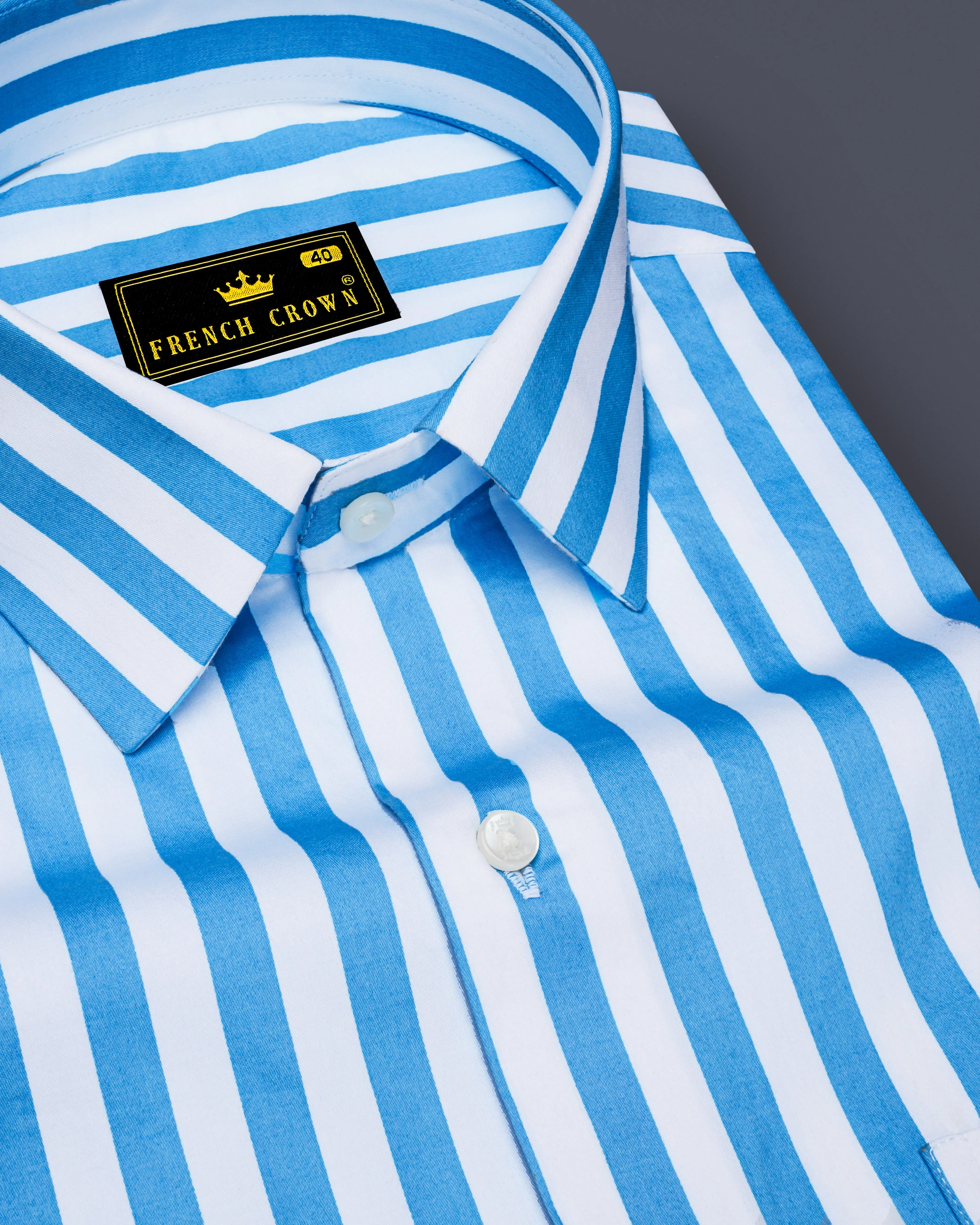 Aurecel-Celestial Blue And Bright White Awning Striped Subtle Sheen Super Soft Premium Cotton Dress Shirt sold by French Crown