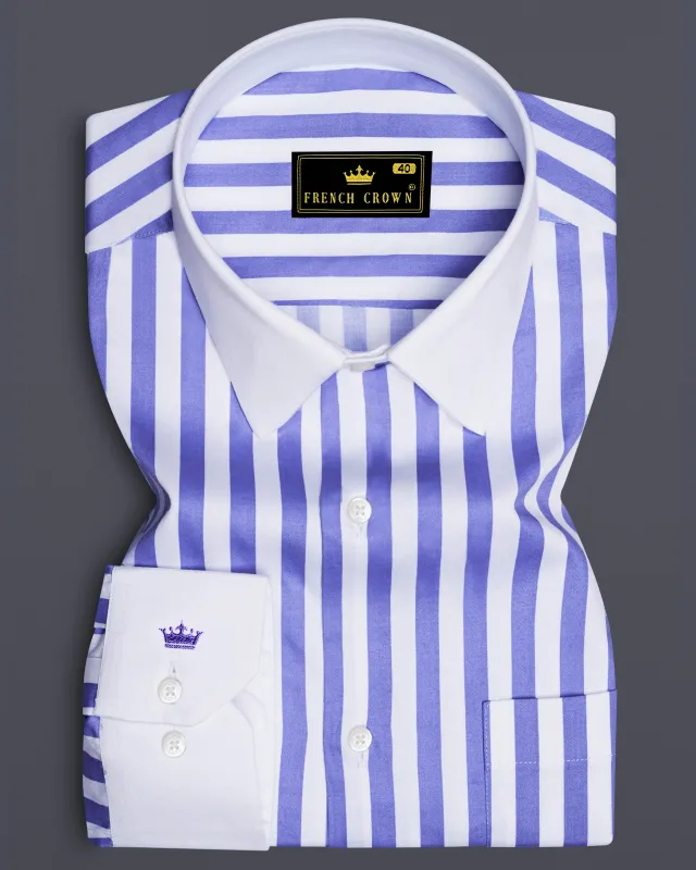 Bluvoro-Scampi Blue And Bright White Awning Striped Super Soft Premium Cotton Dress White Cuff Collar Shirt sold by French Crown