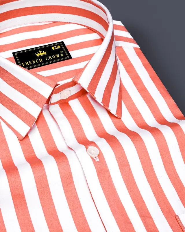 Strivaro-Apricot Peach And Bright White Awning Striped Subtle Sheen Super Soft Premium Cotton Dress Shirt sold by French Crown