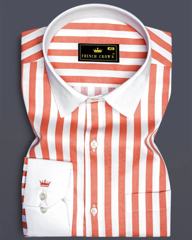 Strivaro-Apricot Peach And Bright White Awning Striped Super Soft Premium Cotton Dress White Cuff Collar Shirt sold by French Crown
