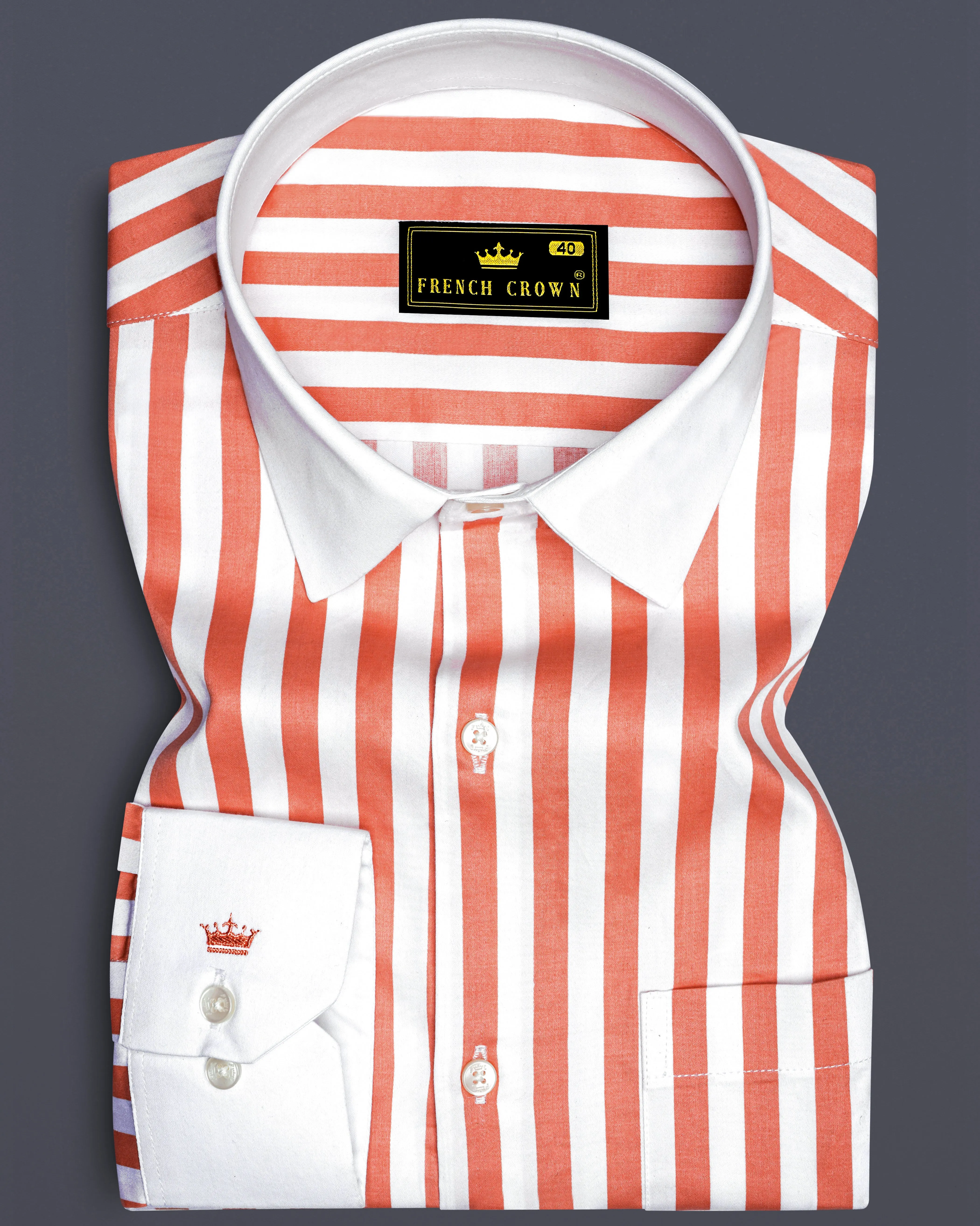 Strivaro-Apricot Peach And Bright White Awning Striped Super Soft Premium Cotton Dress White Cuff Collar Shirt sold by French Crown
