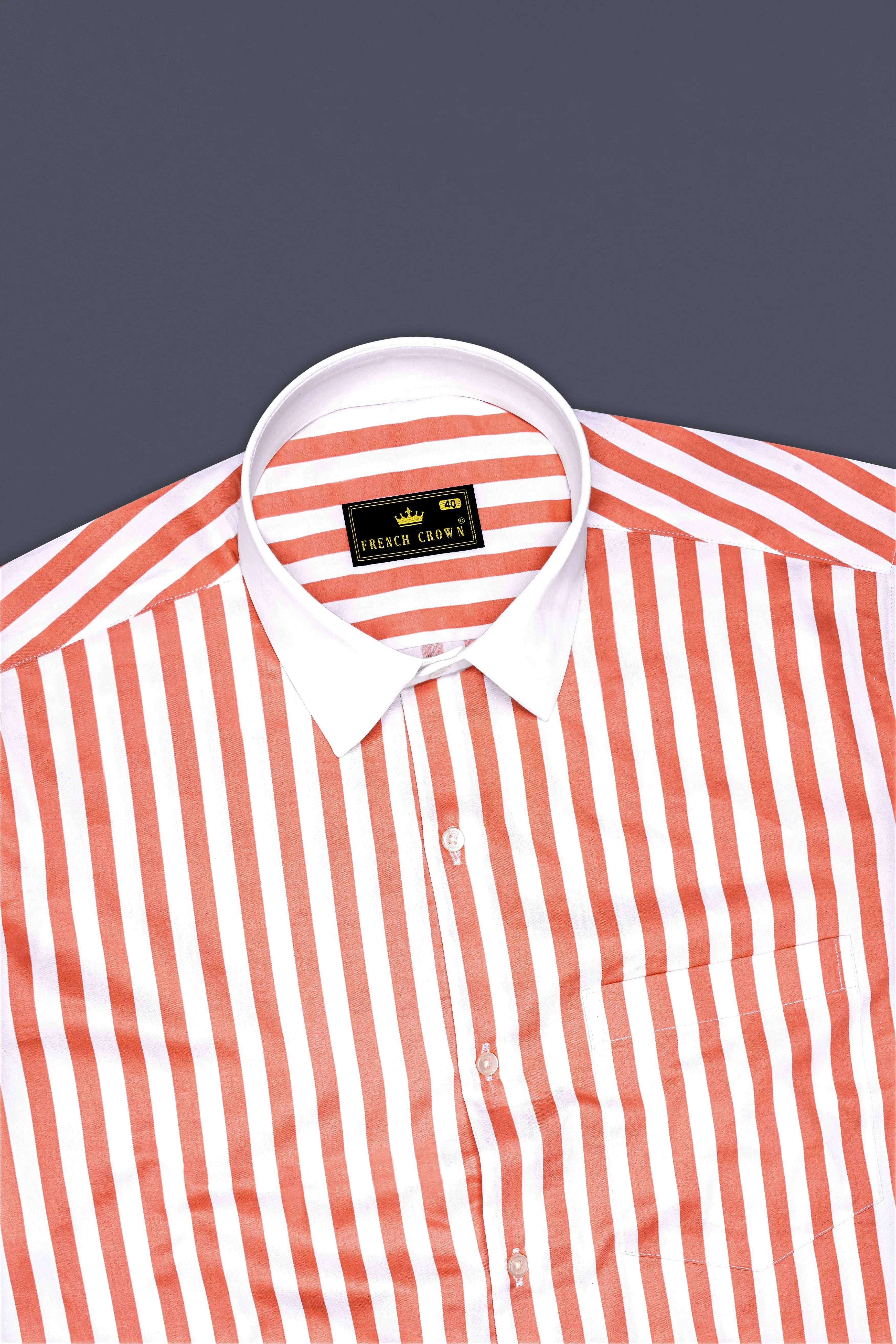 Strivaro-Apricot Peach And Bright White Awning Striped Super Soft Premium Cotton Dress White Cuff Collar Shirt sold by French Crown product image thumbnail 5
