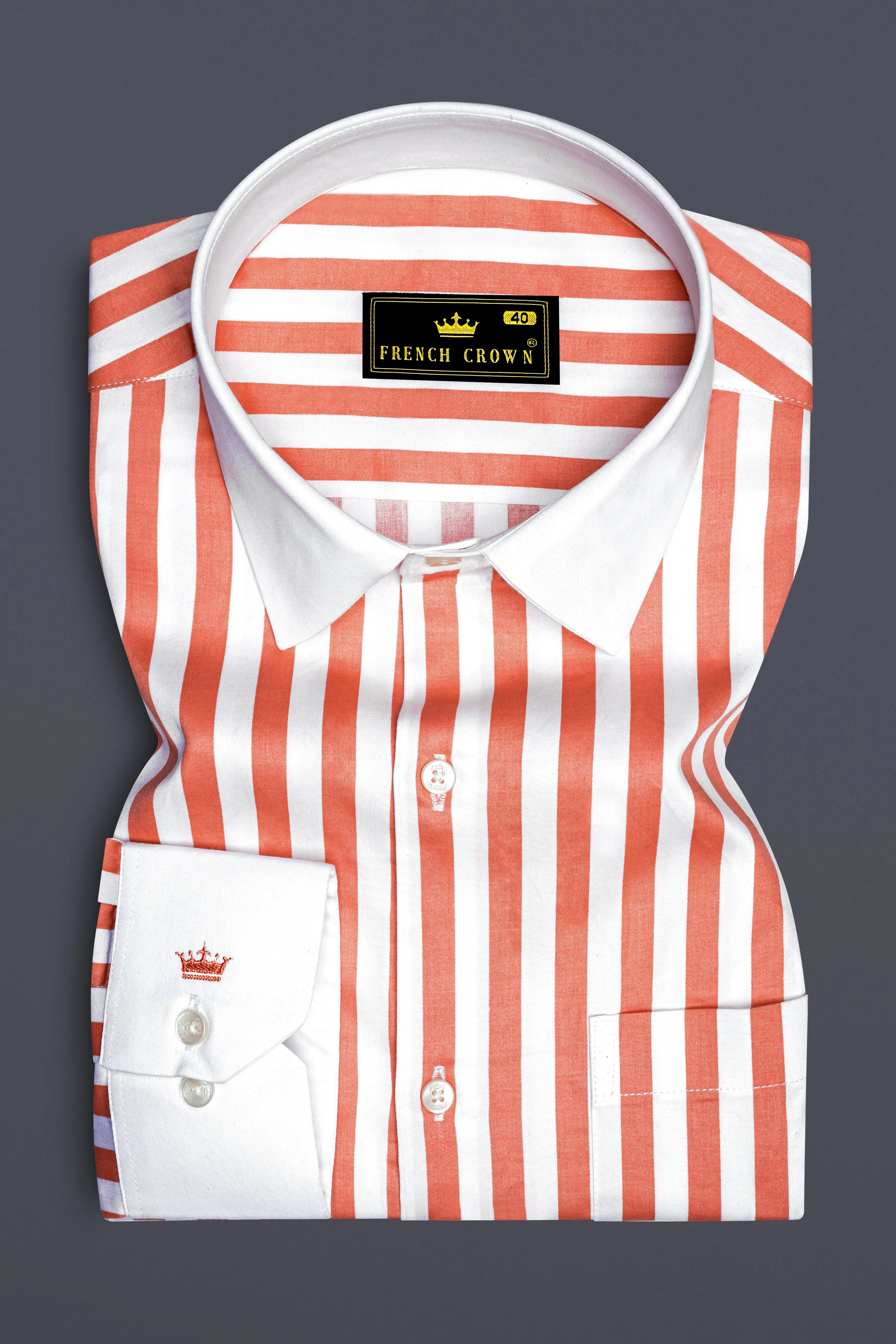 Strivaro-Apricot Peach And Bright White Awning Striped Super Soft Premium Cotton Dress White Cuff Collar Shirt sold by French Crown product image thumbnail 2