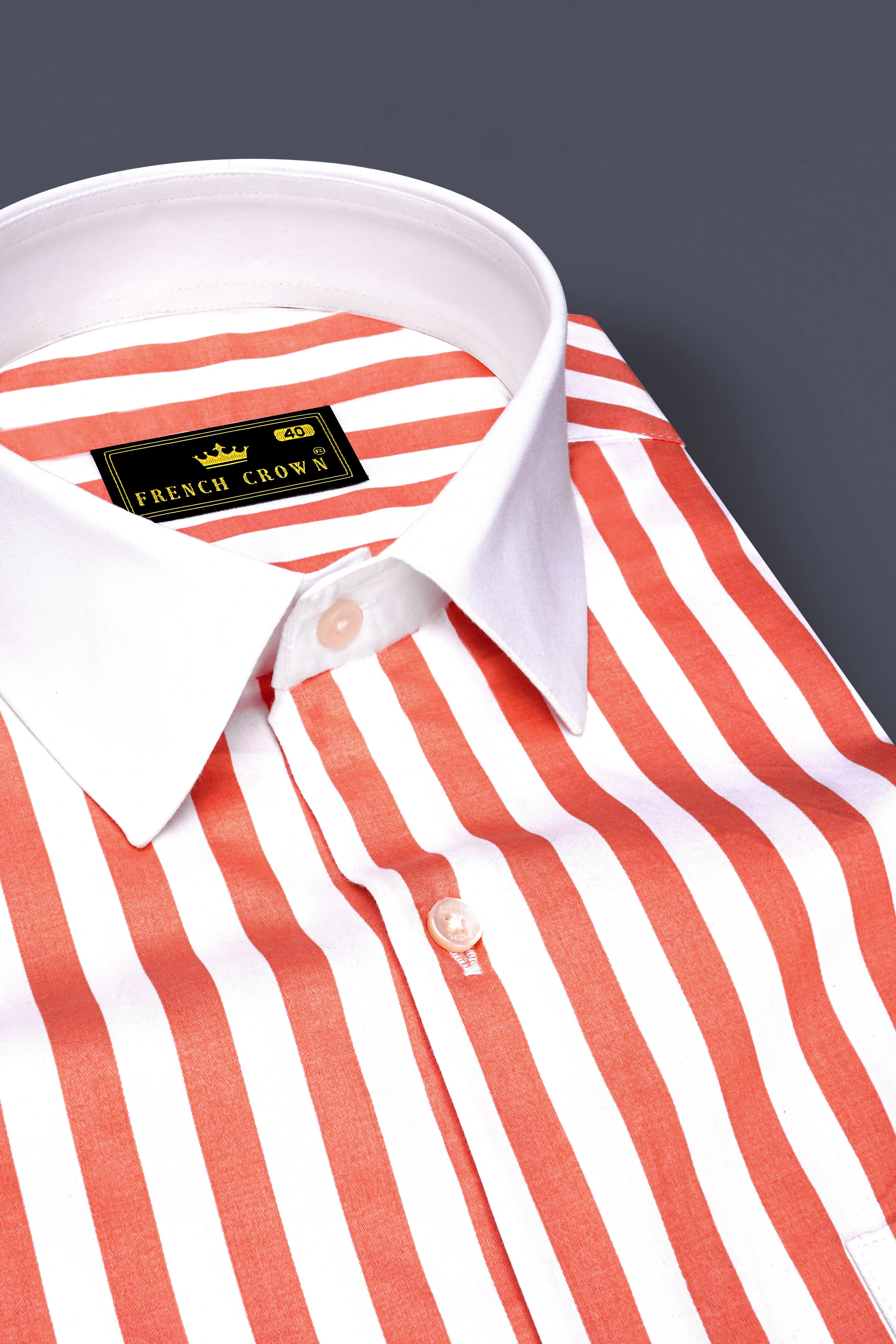 Strivaro-Apricot Peach And Bright White Awning Striped Super Soft Premium Cotton Dress White Cuff Collar Shirt sold by French Crown product image thumbnail 4