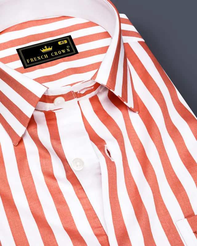 Strivaro-Apricot Peach And Bright White Awning Striped Super Soft Premium Cotton Dress Shirt sold by French Crown