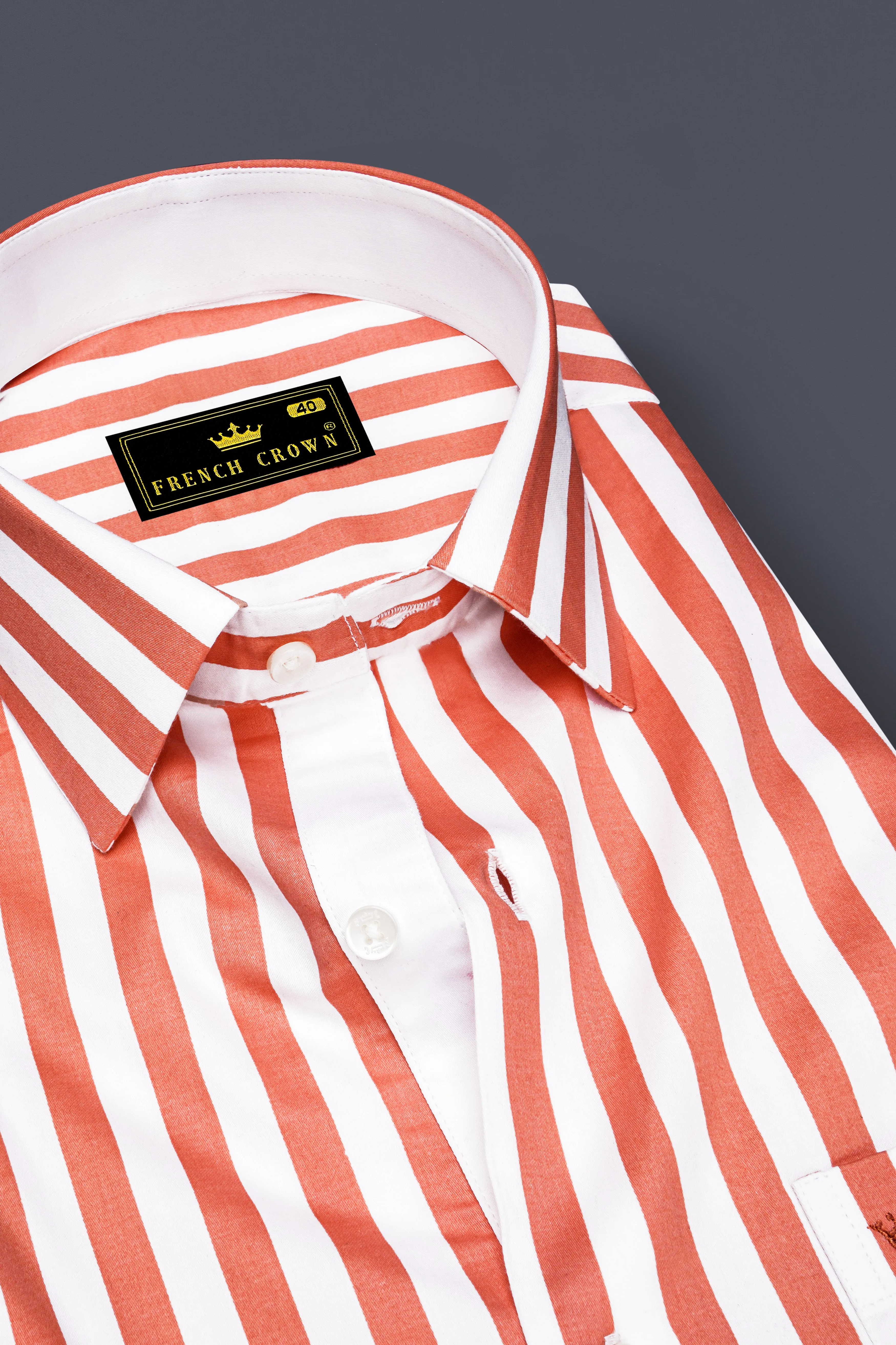 Strivaro-Apricot Peach And Bright White Awning Striped Super Soft Premium Cotton Dress Shirt sold by French Crown product image thumbnail 2