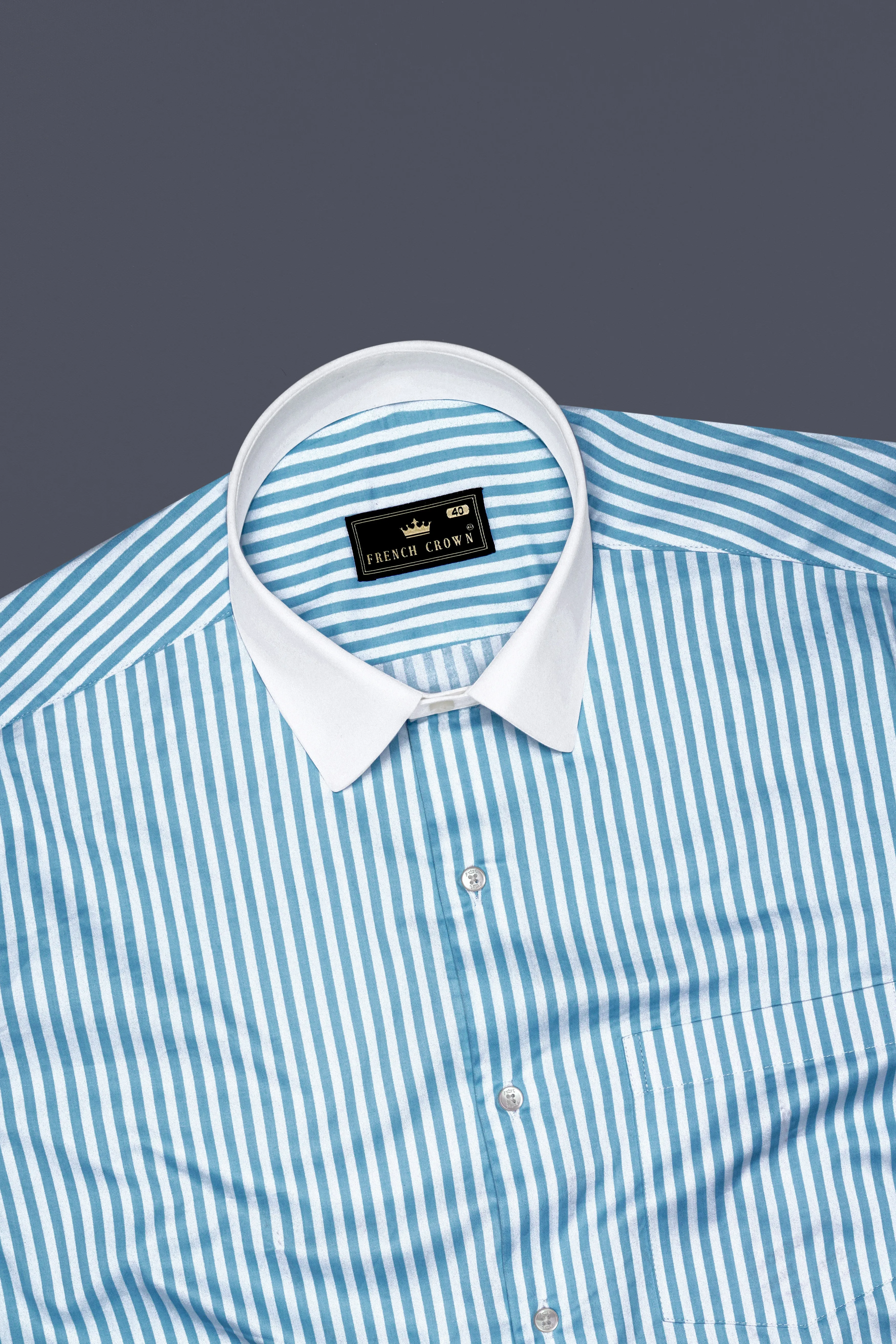 Ceruloro-Glacier Blue And Bright White Candy Striped Super Soft Premium Cotton Dress White Cuff Collar Shirt sold by French Crown product image thumbnail 5