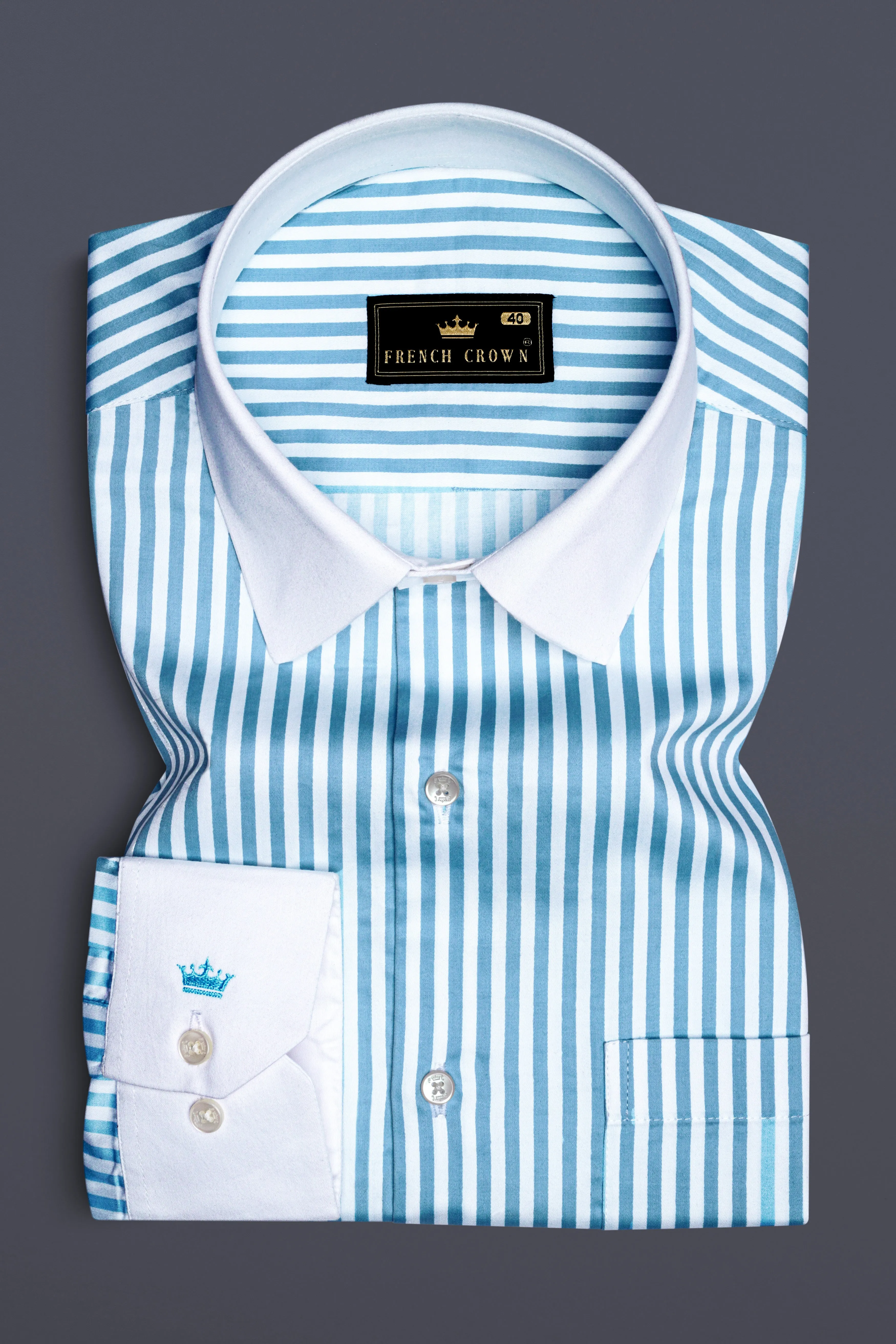 Ceruloro-Glacier Blue And Bright White Candy Striped Super Soft Premium Cotton Dress White Cuff Collar Shirt sold by French Crown product image thumbnail 2