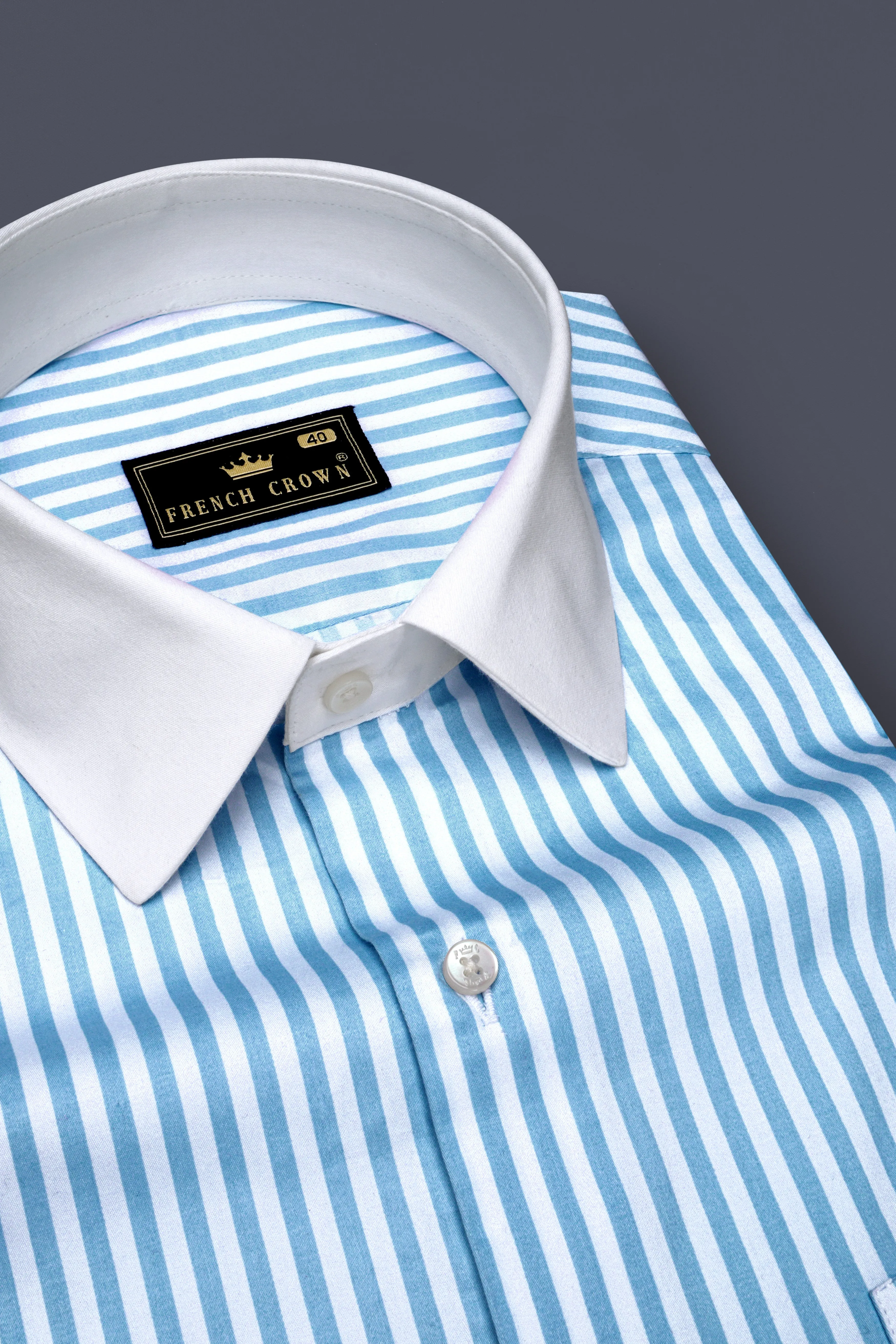 Ceruloro-Glacier Blue And Bright White Candy Striped Super Soft Premium Cotton Dress White Cuff Collar Shirt sold by French Crown product image thumbnail 4