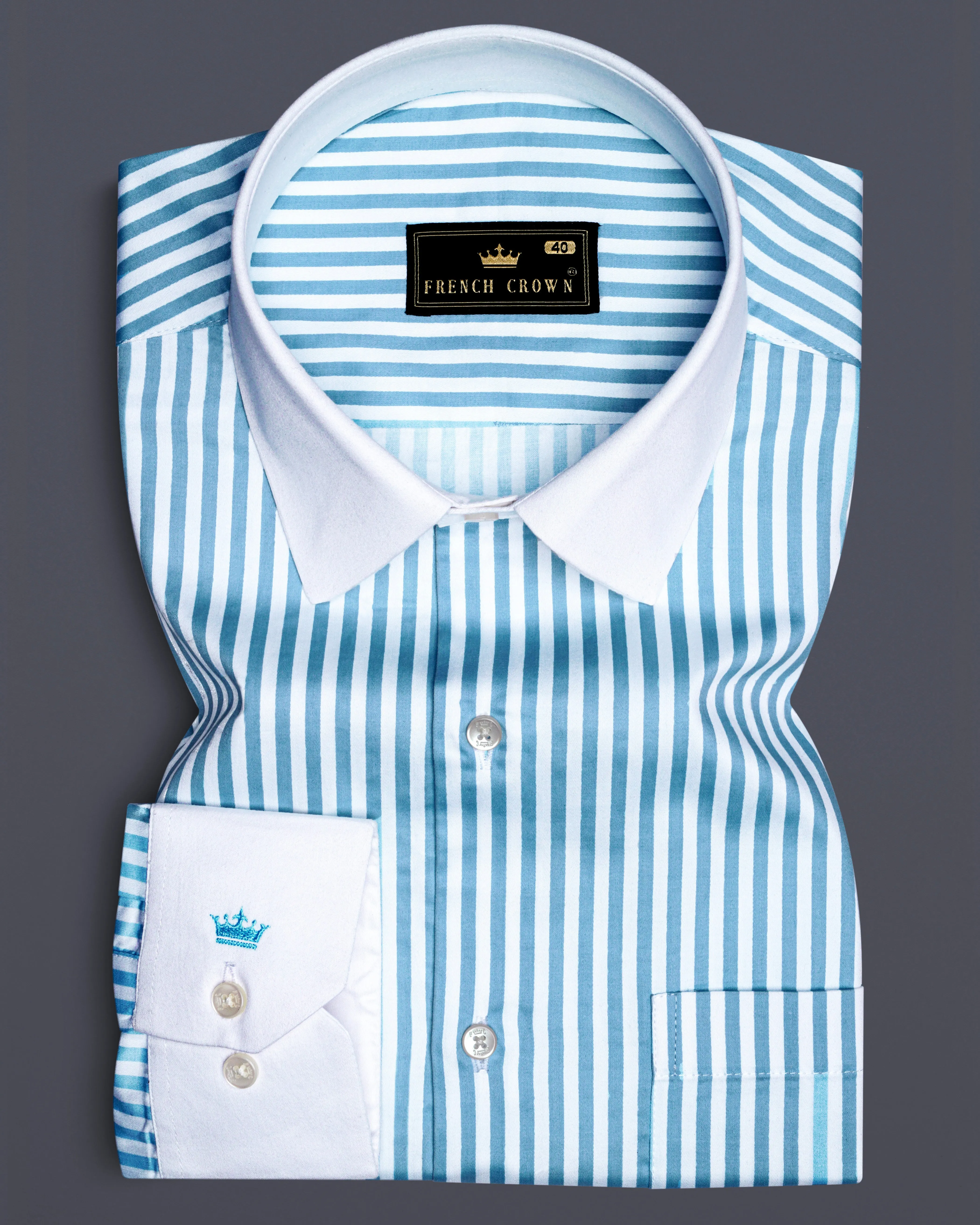 Ceruloro-Glacier Blue And Bright White Candy Striped Super Soft Premium Cotton Dress White Cuff Collar Shirt sold by French Crown
