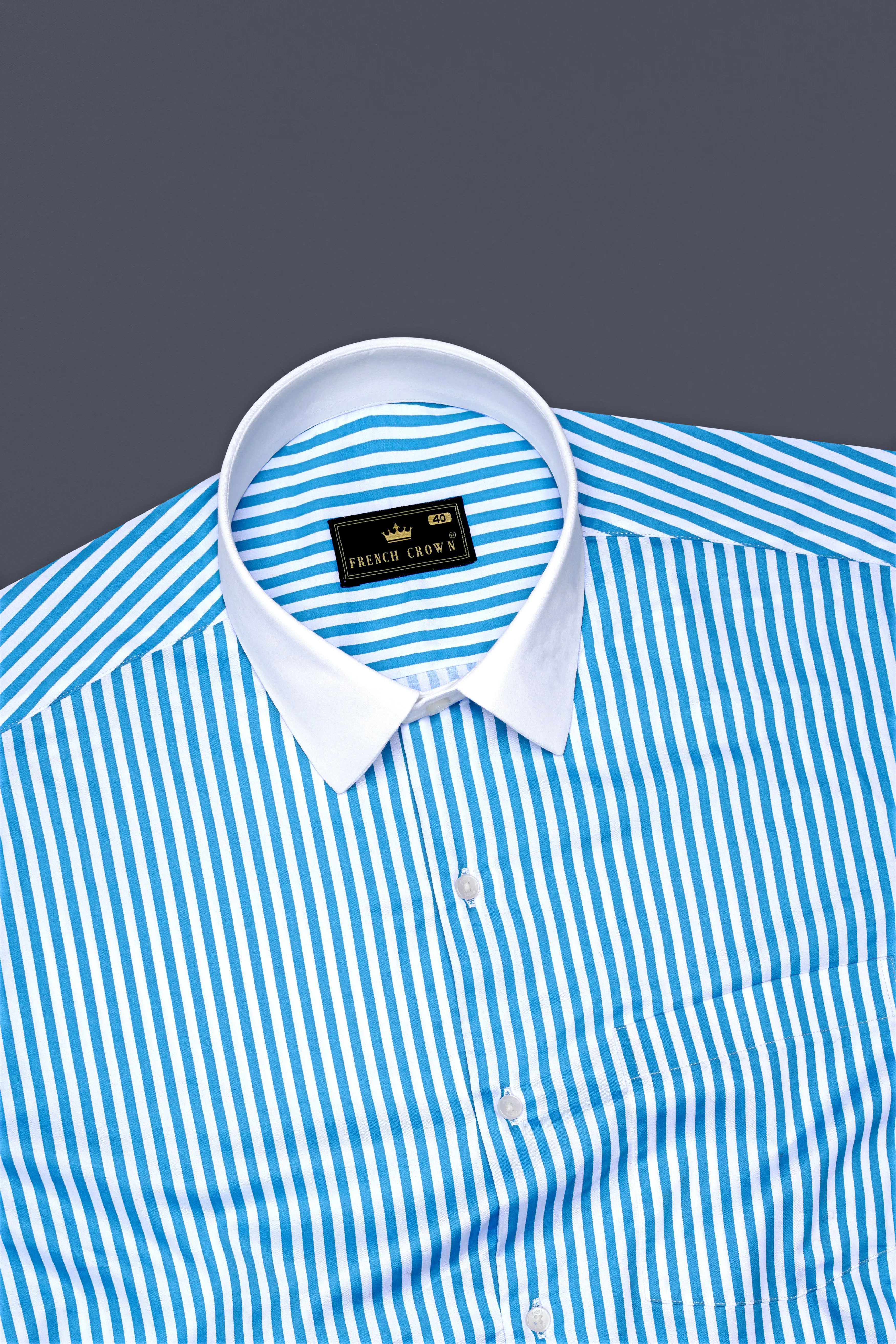 Aureline-Cerulean Blue And Bright White Candy Striped Super Soft Premium Cotton Dress White Cuff Collar Shirt sold by French Crown product image thumbnail 5