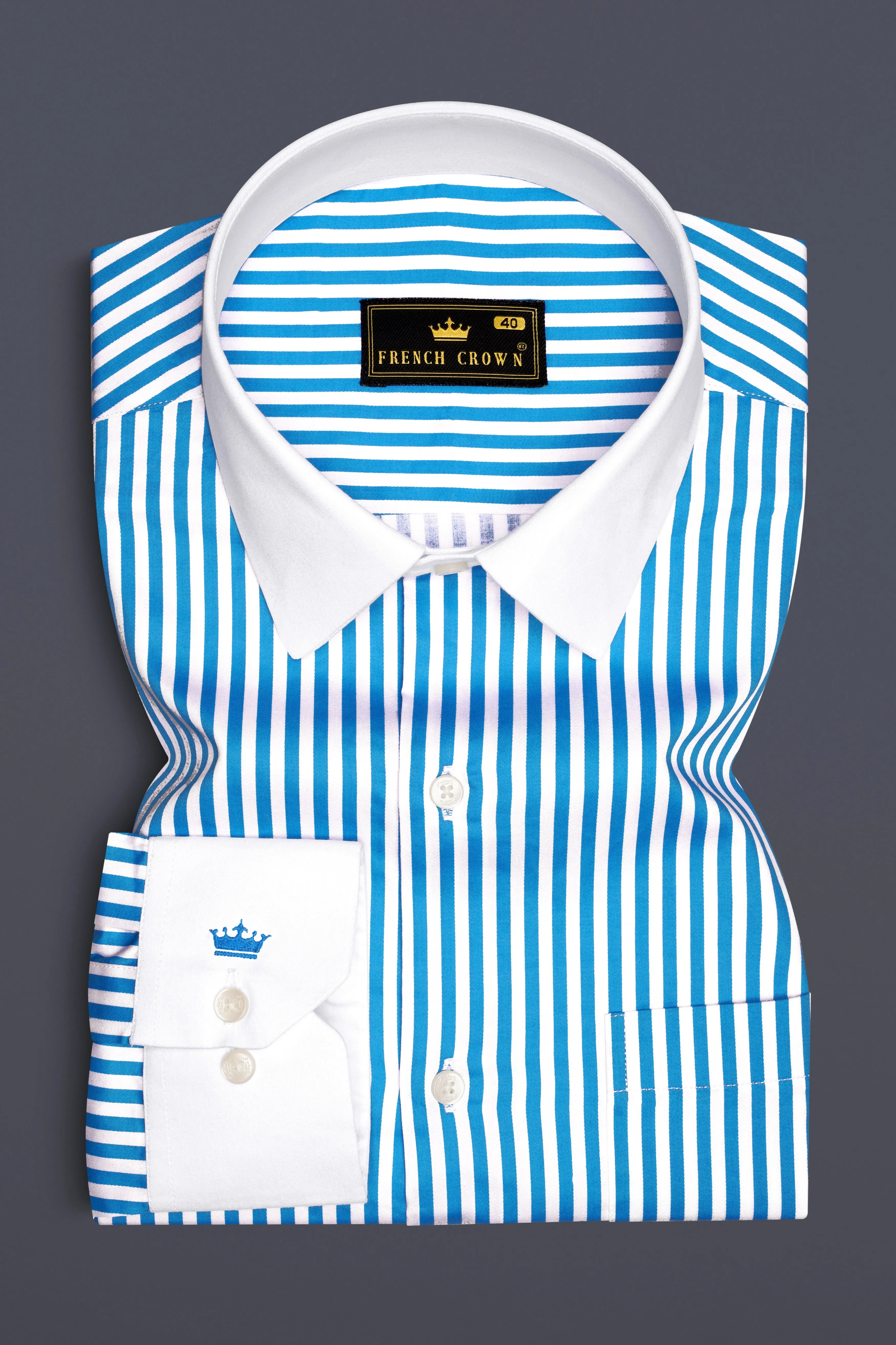 Aureline-Cerulean Blue And Bright White Candy Striped Super Soft Premium Cotton Dress White Cuff Collar Shirt sold by French Crown product image thumbnail 2
