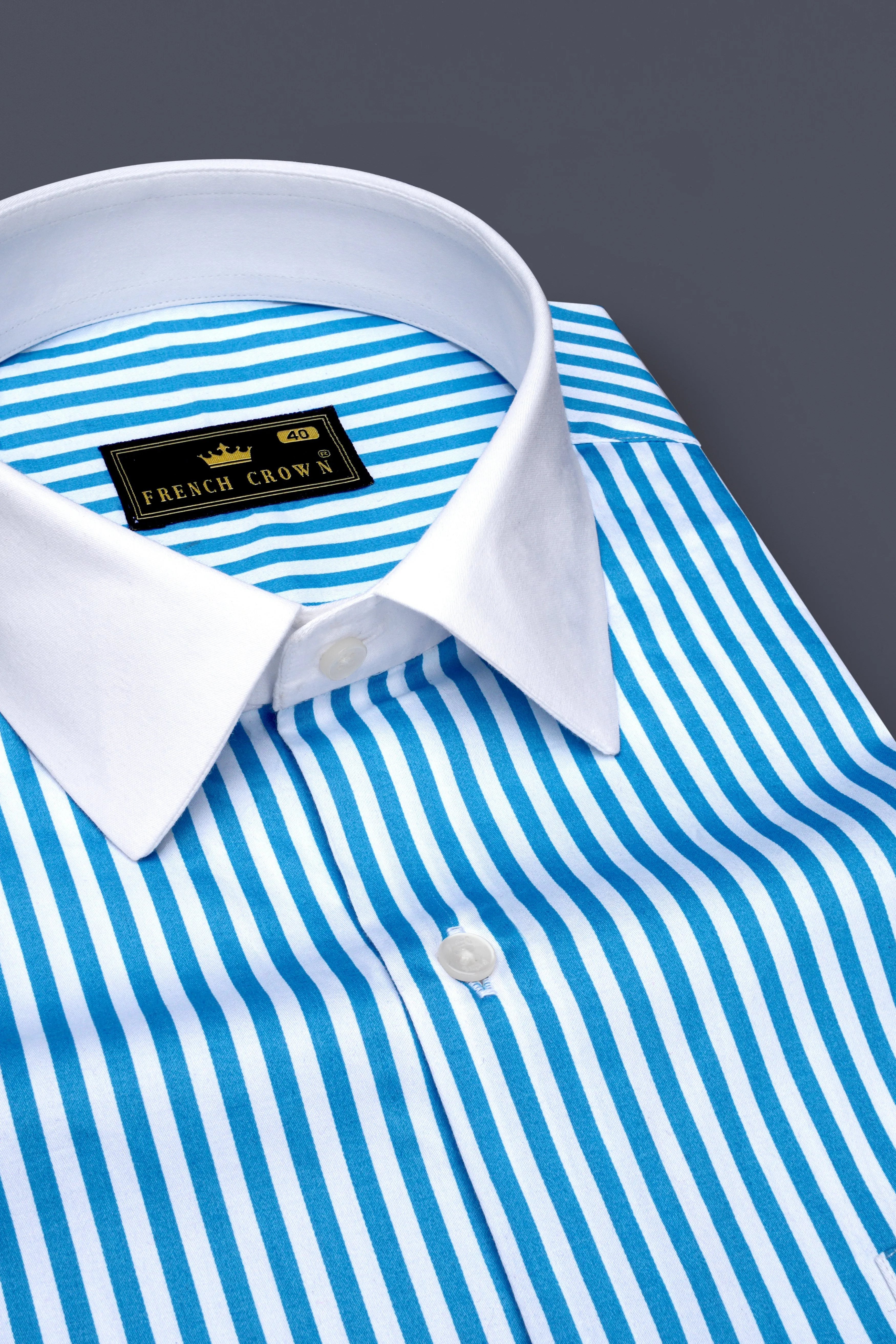 Aureline-Cerulean Blue And Bright White Candy Striped Super Soft Premium Cotton Dress White Cuff Collar Shirt sold by French Crown product image thumbnail 4