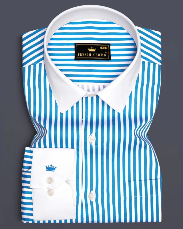 Aureline-Cerulean Blue And Bright White Candy Striped Super Soft Premium Cotton Dress White Cuff Collar Shirt sold by French Crown