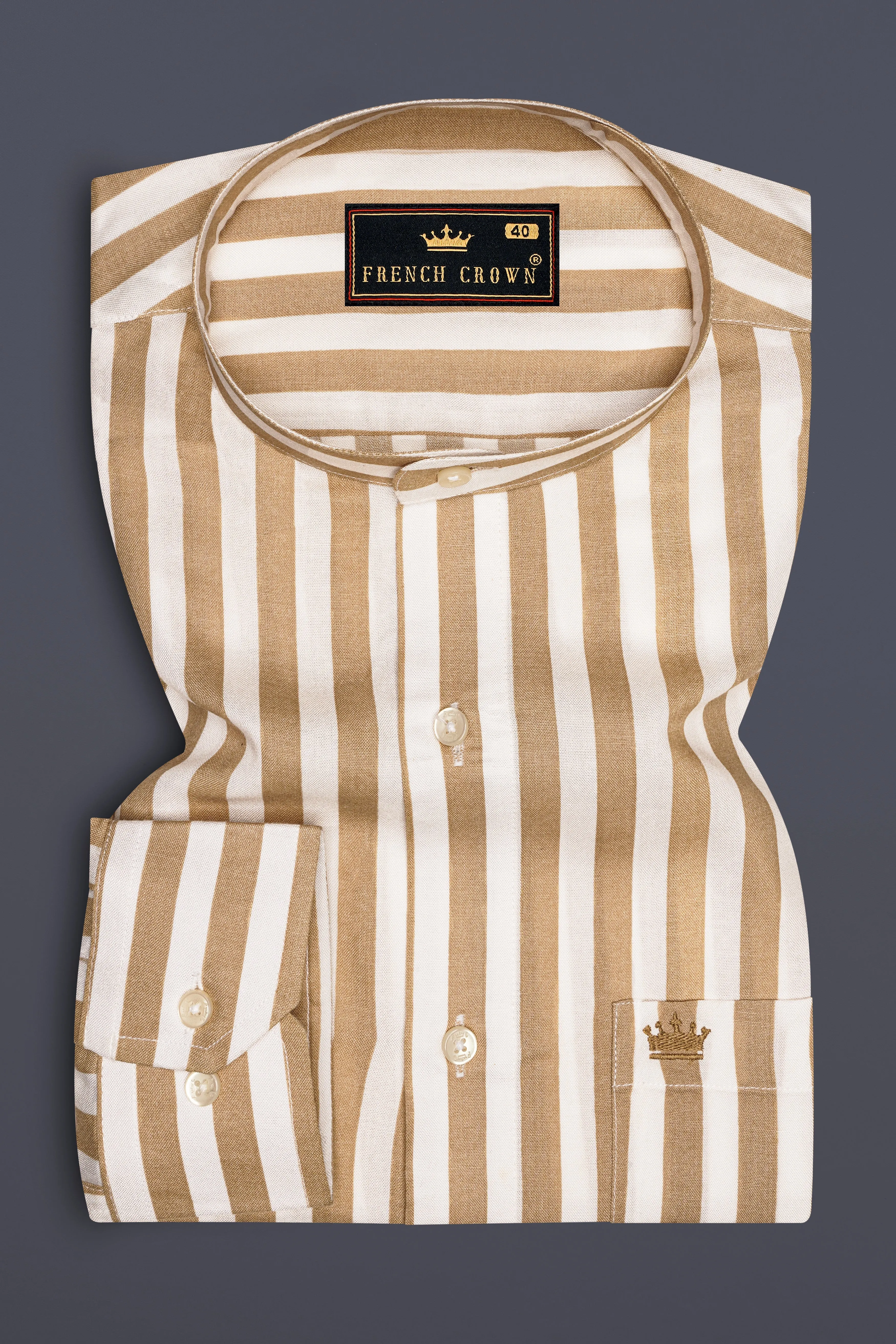 Brunoro-Sandy Brown And Bright White Striped Subtle Sheen Super Soft Premium Cotton Mandarin Dress Shirt sold by French Crown product image thumbnail 4