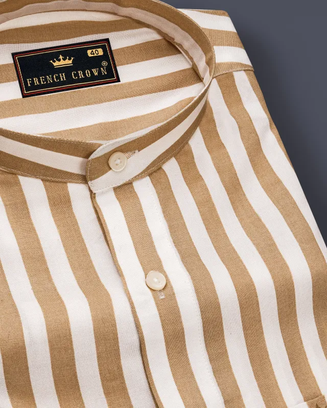 Brunoro-Sandy Brown And Bright White Striped Subtle Sheen Super Soft Premium Cotton Mandarin Dress Shirt sold by French Crown
