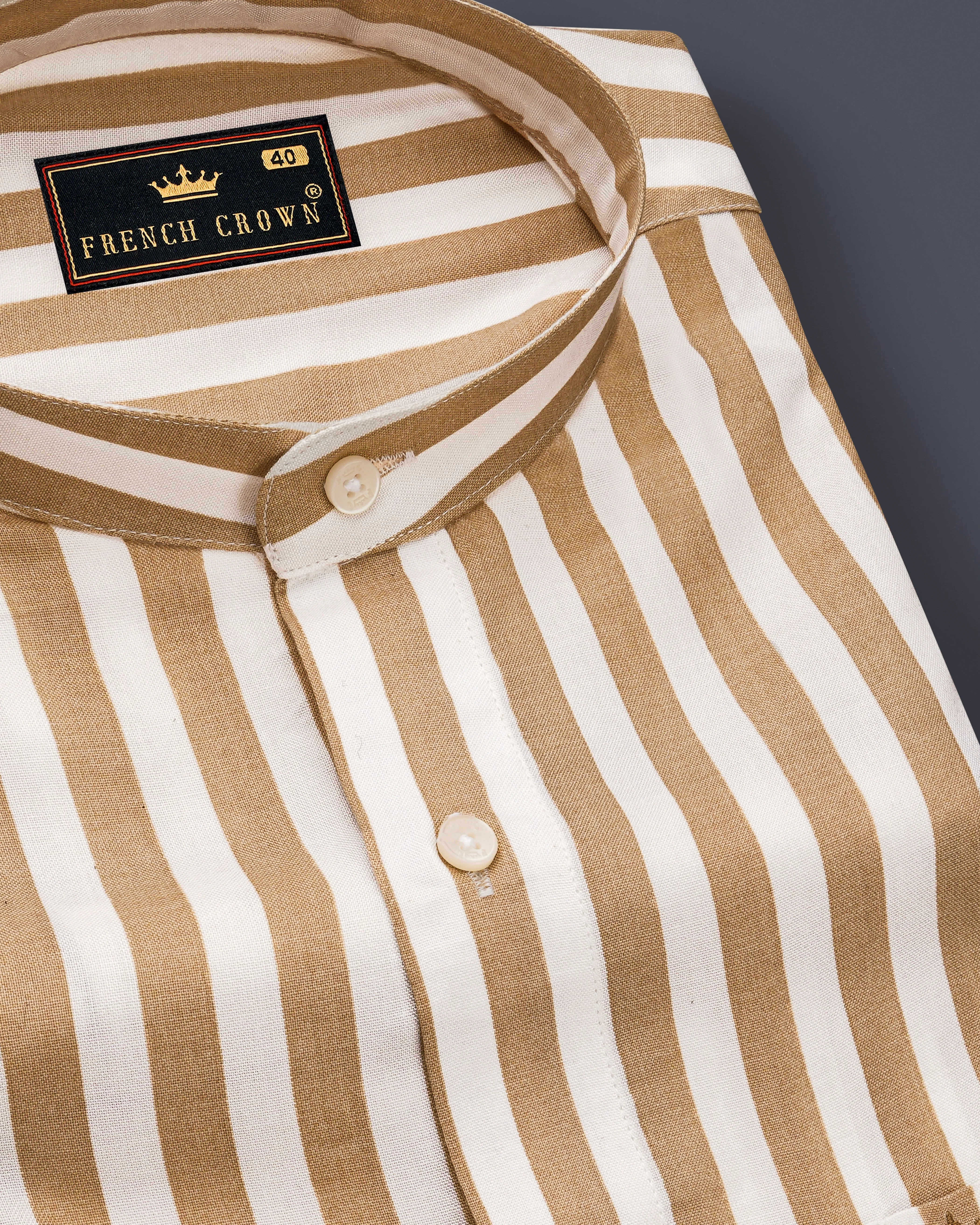 Brunoro-Sandy Brown And Bright White Striped Subtle Sheen Super Soft Premium Cotton Mandarin Dress Shirt sold by French Crown